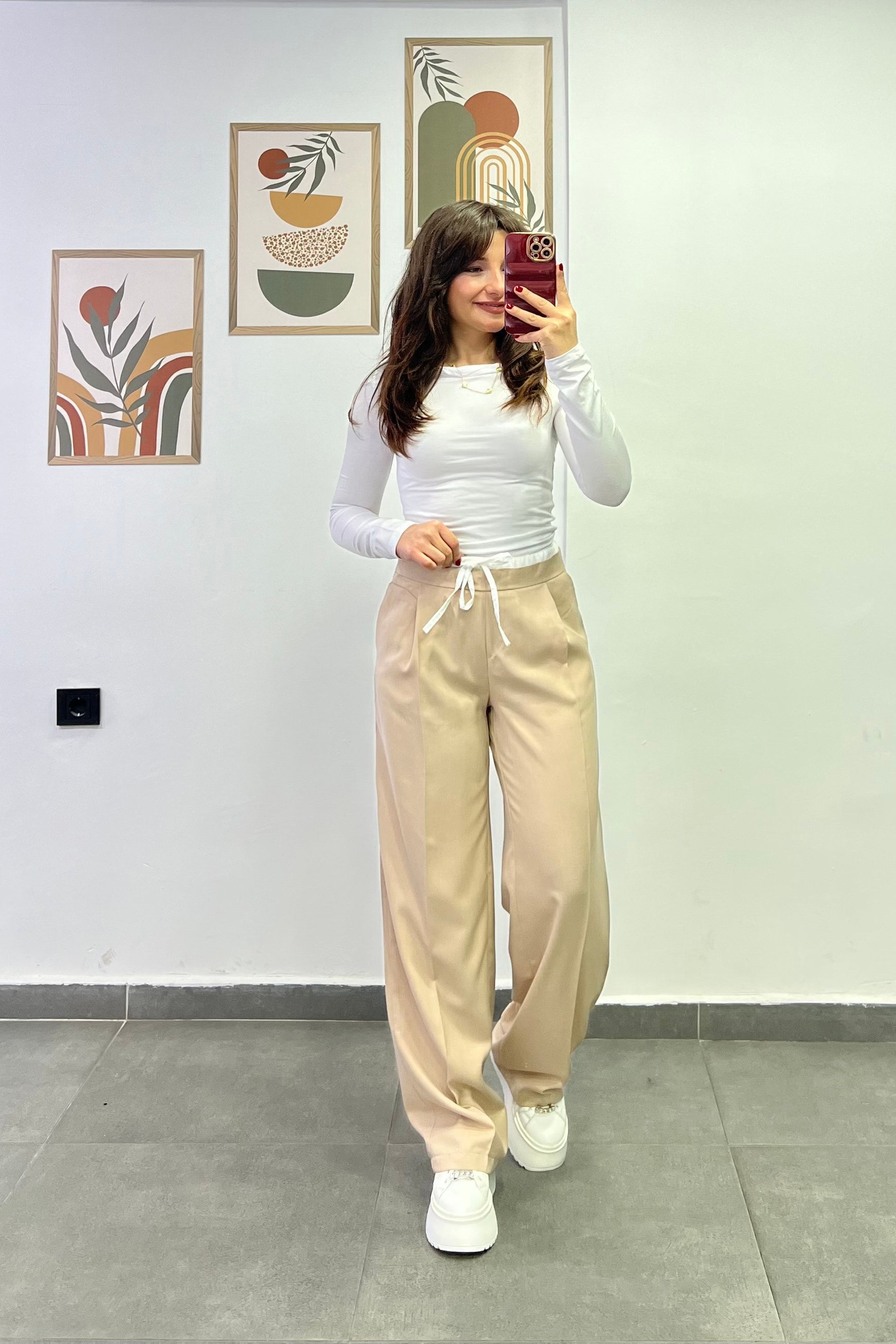 Bel Kısmı Lastikli Çift Kemer Detaylı Cepli Palazzo Kumaş Pantolon - BEJ