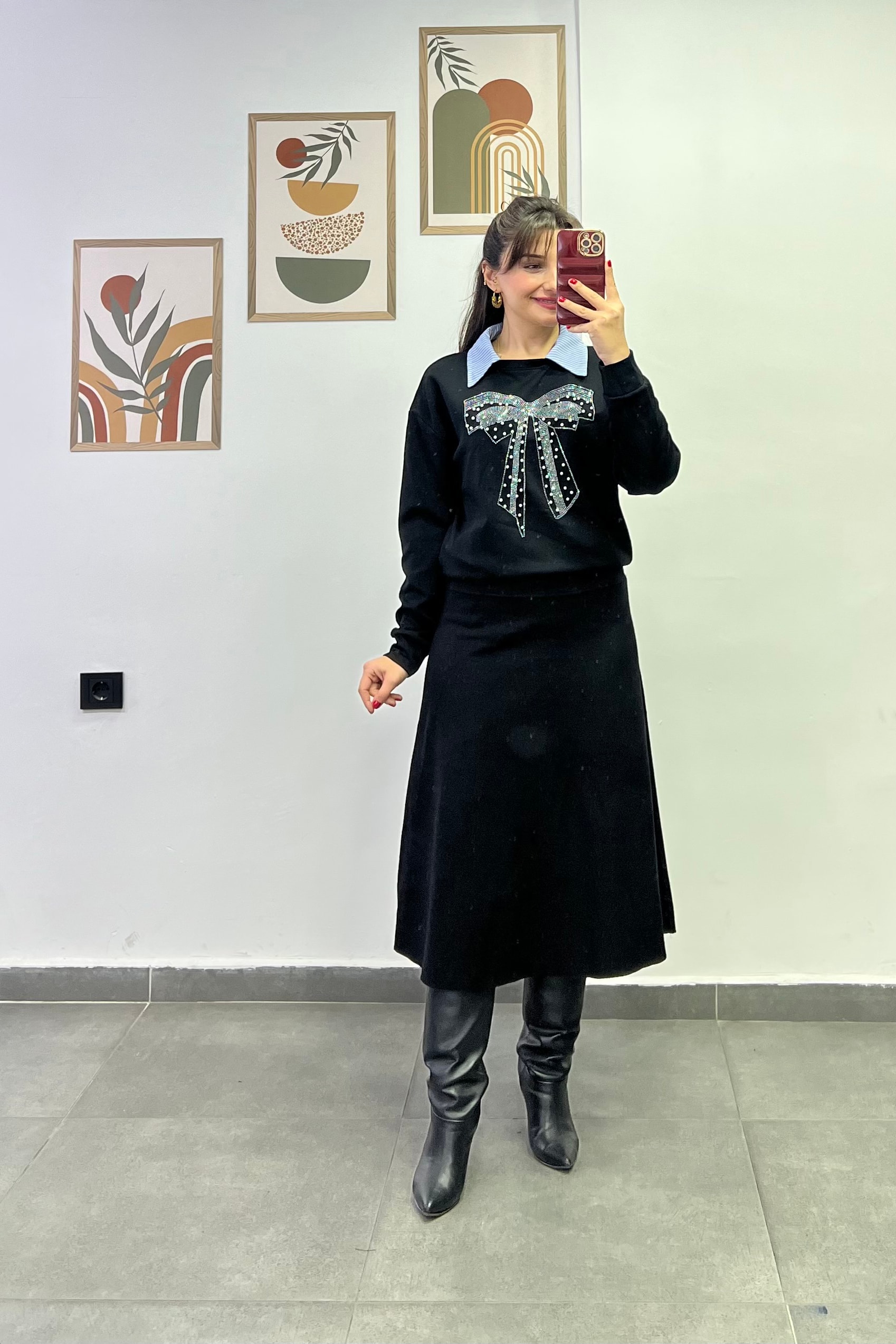 Beli Kalın Korsaj Detaylı Etek Ucu Kesik Selanik Kumaş Çan Etek - SİYAH