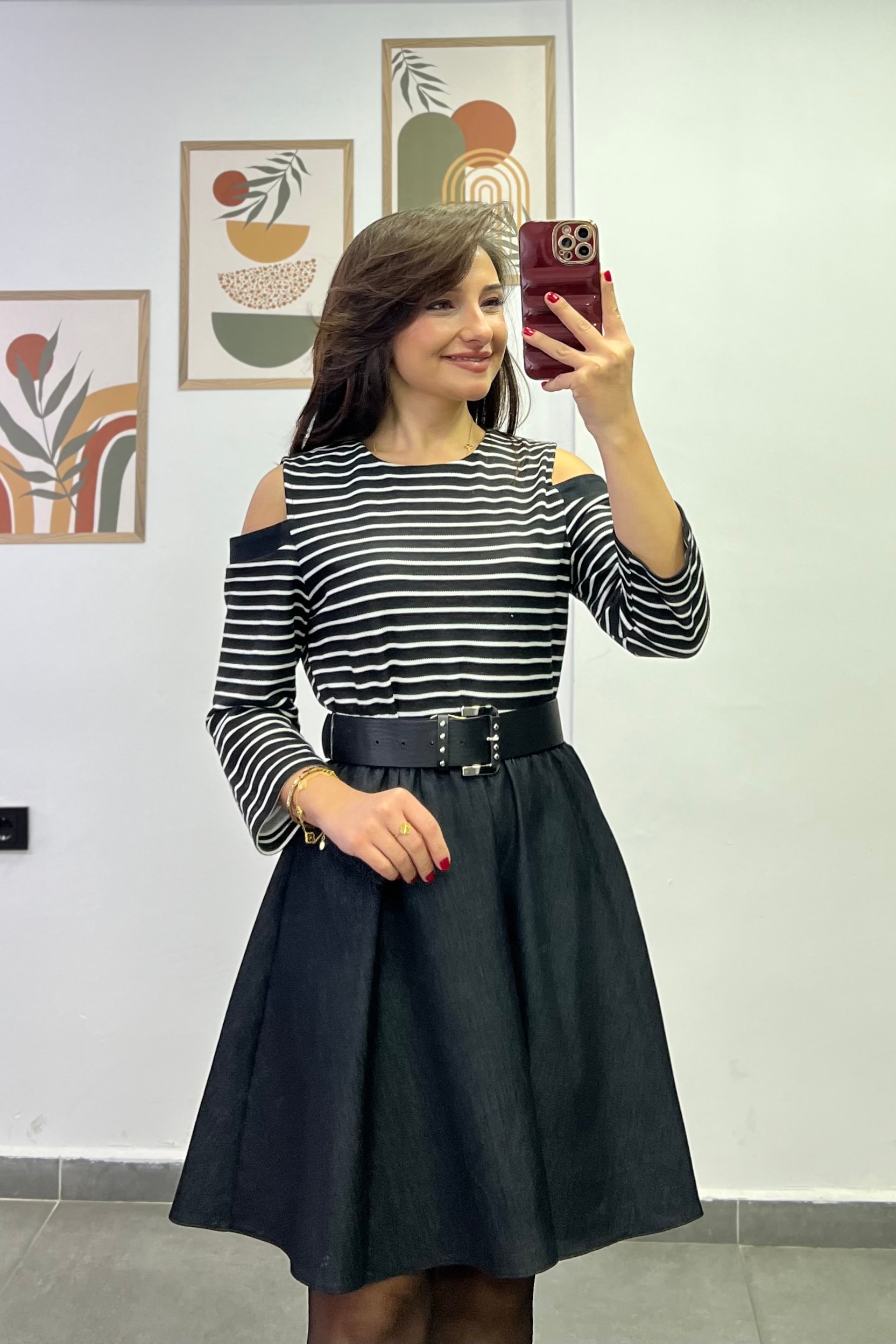 Pencere Omuzlu Üzeri Çizgili Triko Eteği Likralı Kot Kumaş Kloş Elbise 