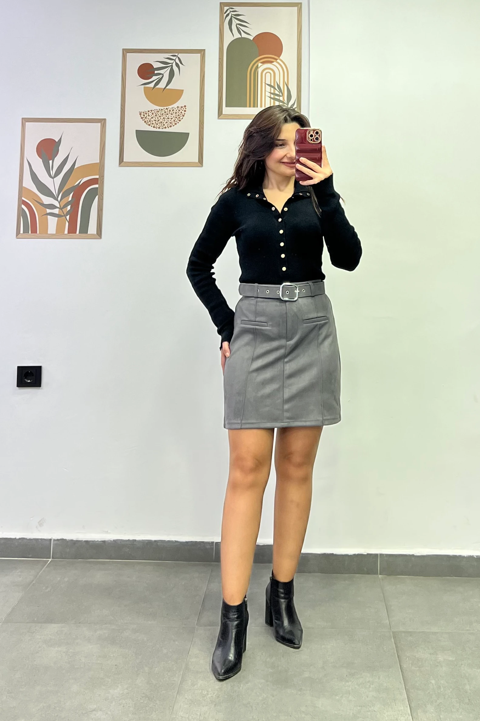 Ön Kısmı Çima Dikişli Cep Görünümlü Kemerli Nubuk Etek - ANTRASIT