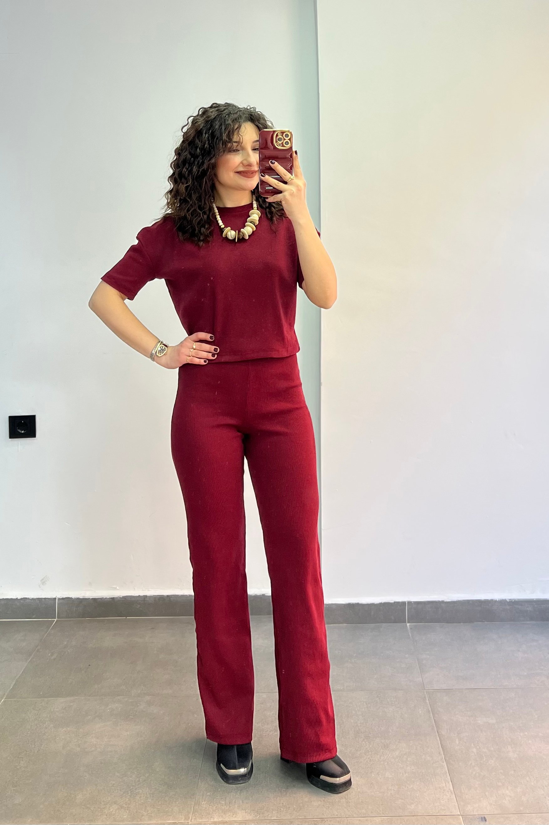Bisiklet Yaka Beli Bağlamalı Fitilli Kumaş İkili Takım - BORDO