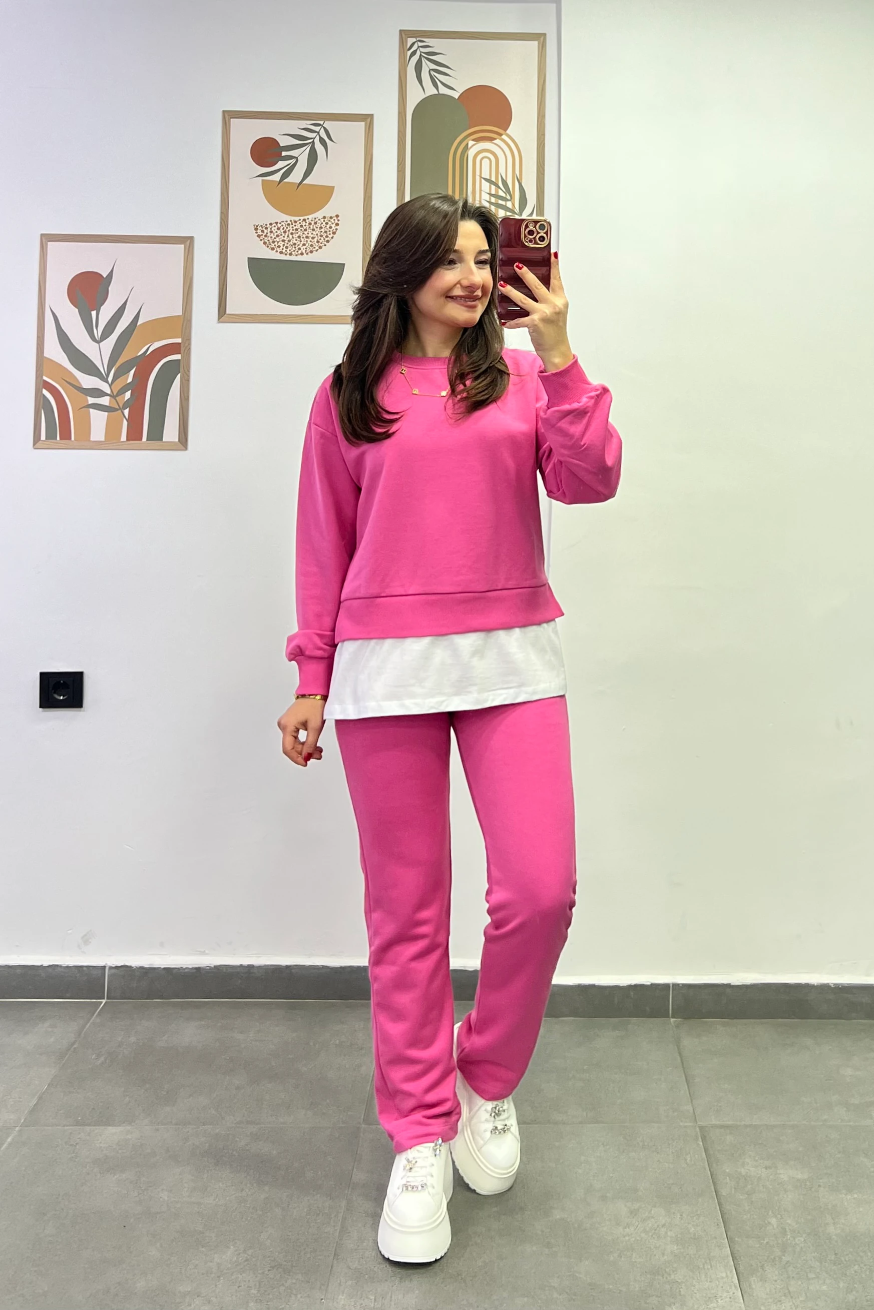 Alt Bel Kısmı Tshırt Detaylı Pantolon Beli Lastikli Ve Cepli Eşofman Takımı - PEMBE