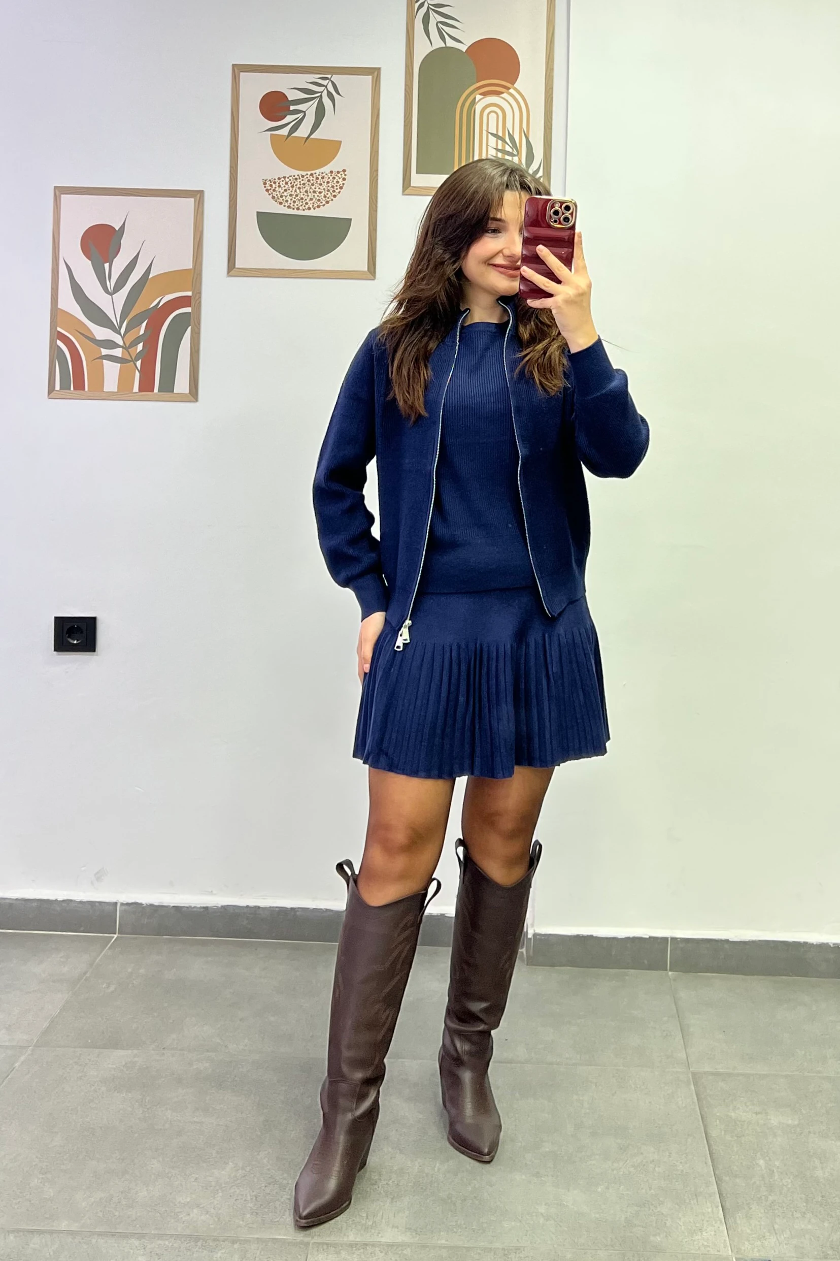 İçi Kısa Kollu Üzeri Fermuarlı Hırka Detaylı Etekli Triko Üçlü Takım - LACİVERT