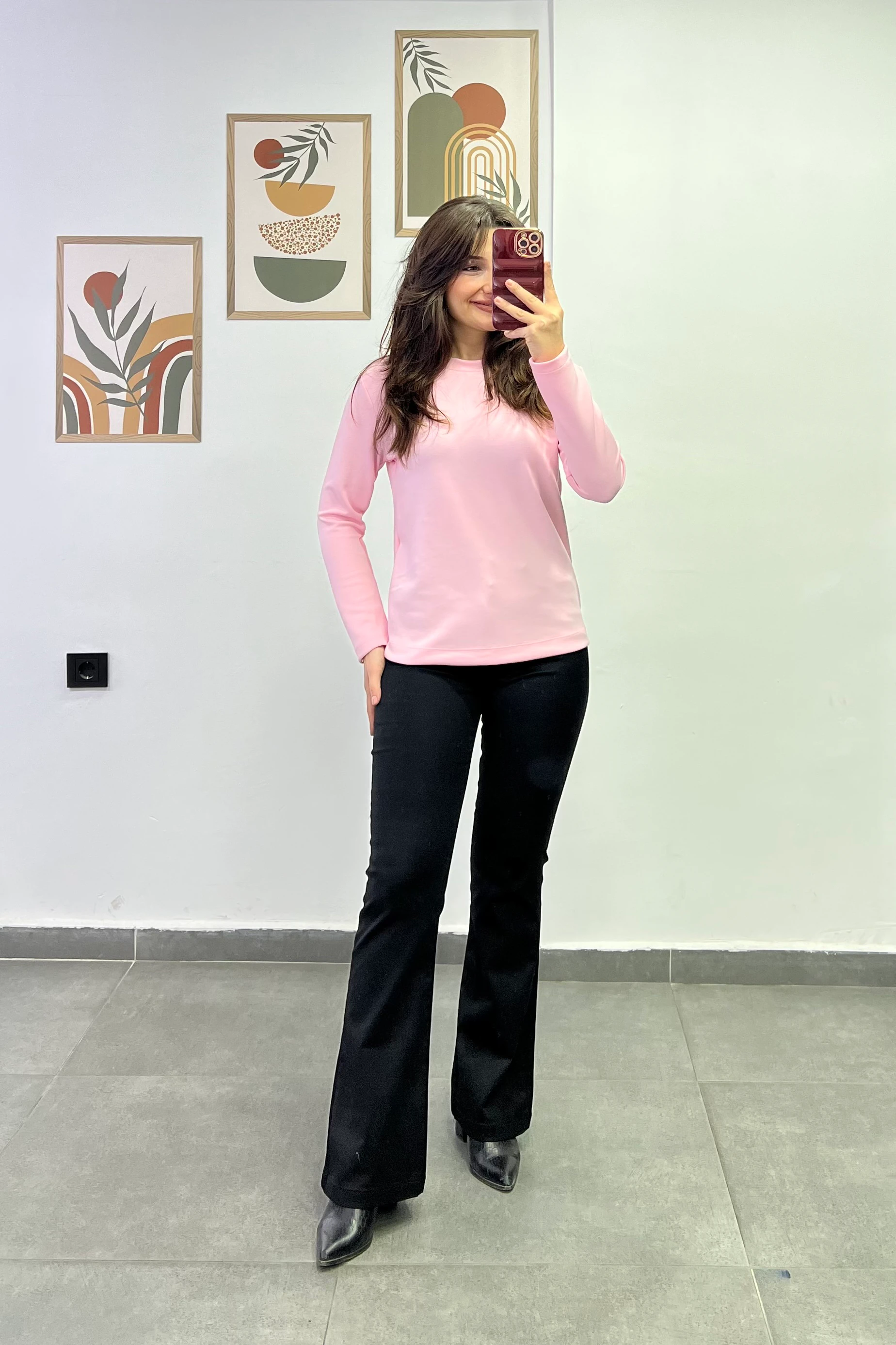 Modal Kumaş Bisiklet Yaka İki Yanı Küçük Yırtmaç Detaylı Basic Bluz - PEMBE