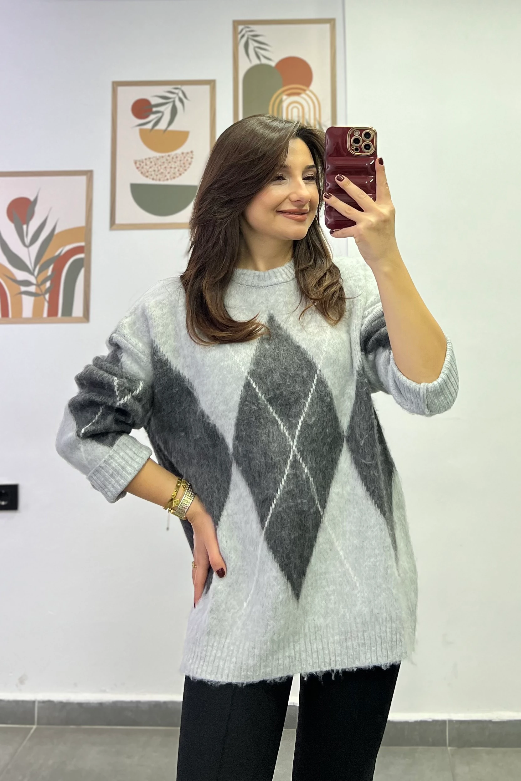 Bisiklet Yaka Oversize Baklava Dilim Kazak - GRİ