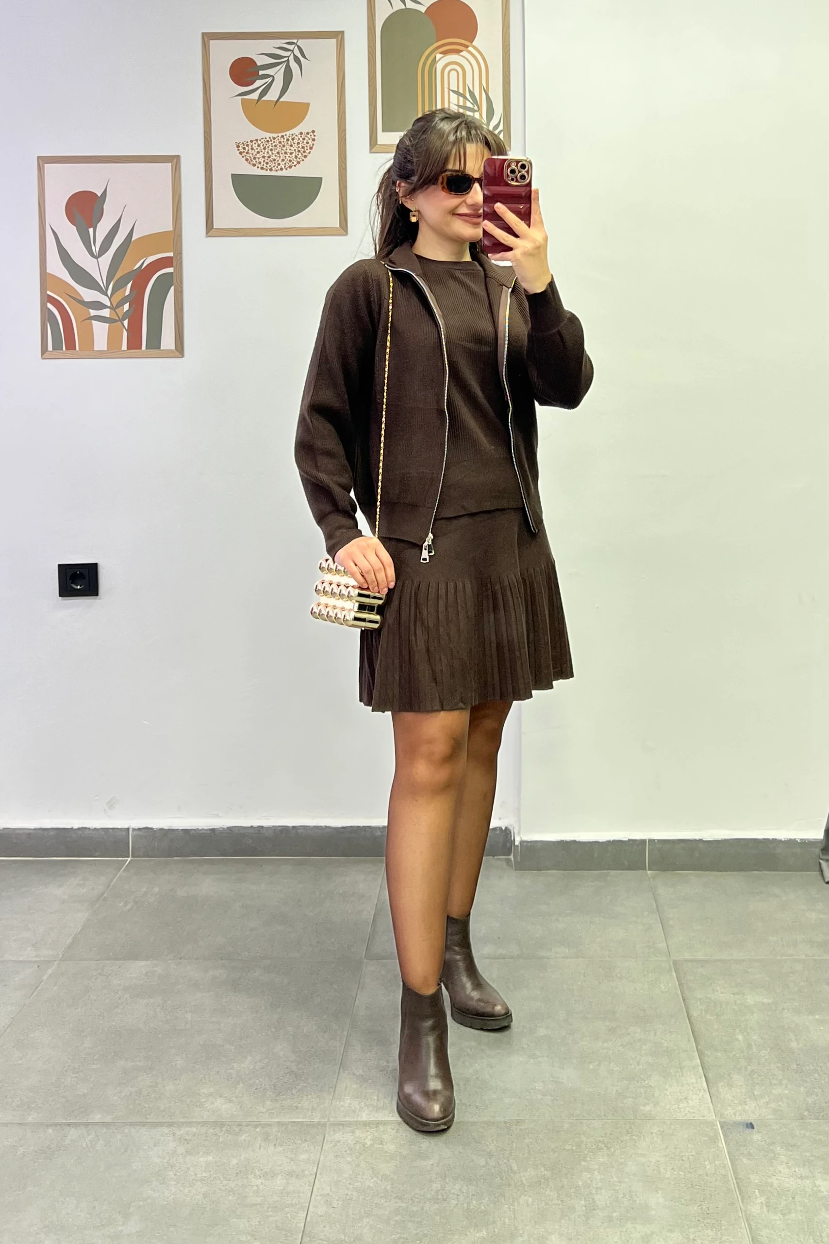 İçi Kısa Kollu Üzeri Fermuarlı Hırka Detaylı Etekli Triko Üçlü Takım