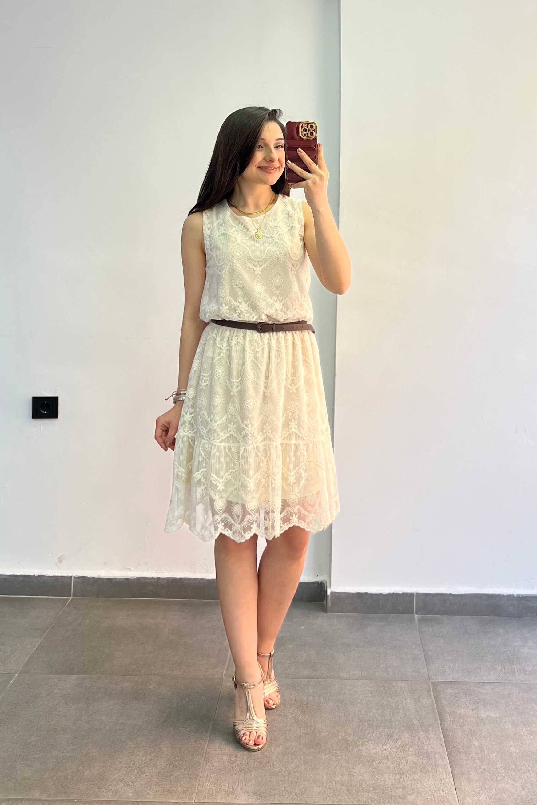 Güpür Detaylı Astarlı Etek Ve Bluz Takımı - EKRU