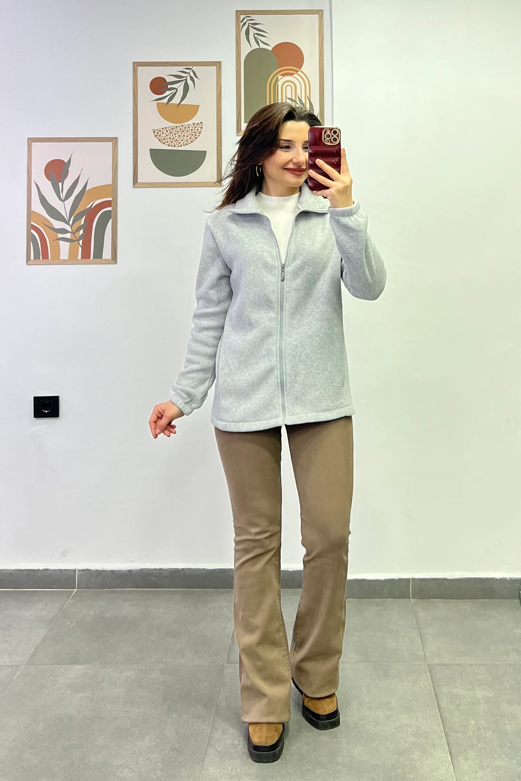 Kol Manşetleri Lastikli Fermuar Detaylı Cepli Polar Ceket - GRİ