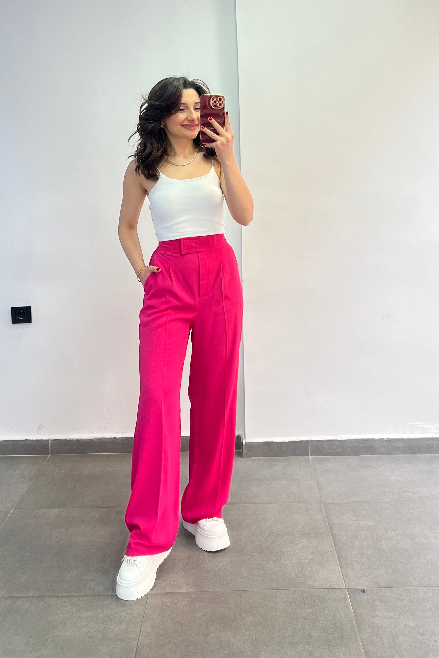 Beli Lastikli Cırt Detaylı Bol Paça Pantolon - FUŞYA