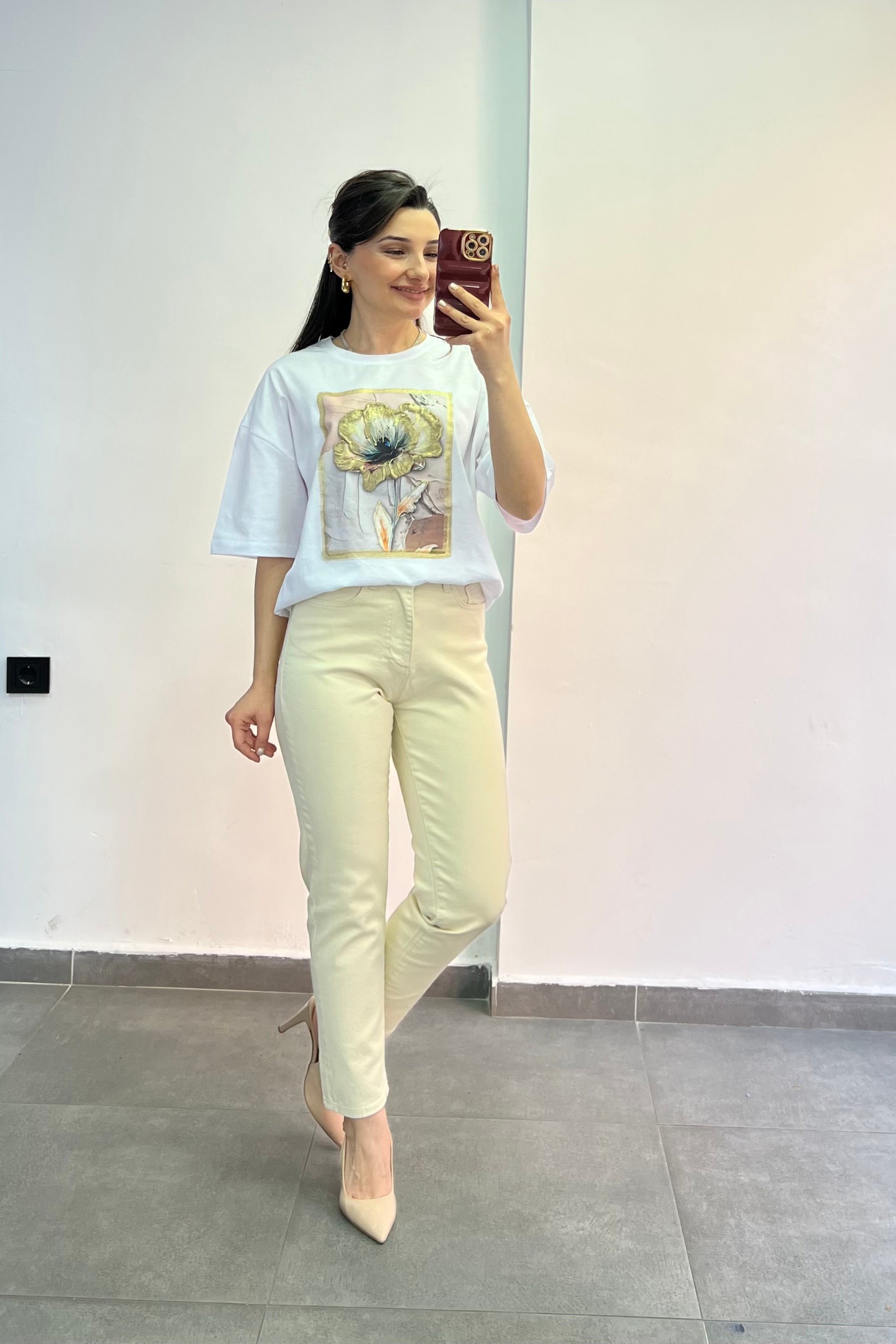 Hayalet Taşlı Yüksek Bel Mom fit Jean - BEJ