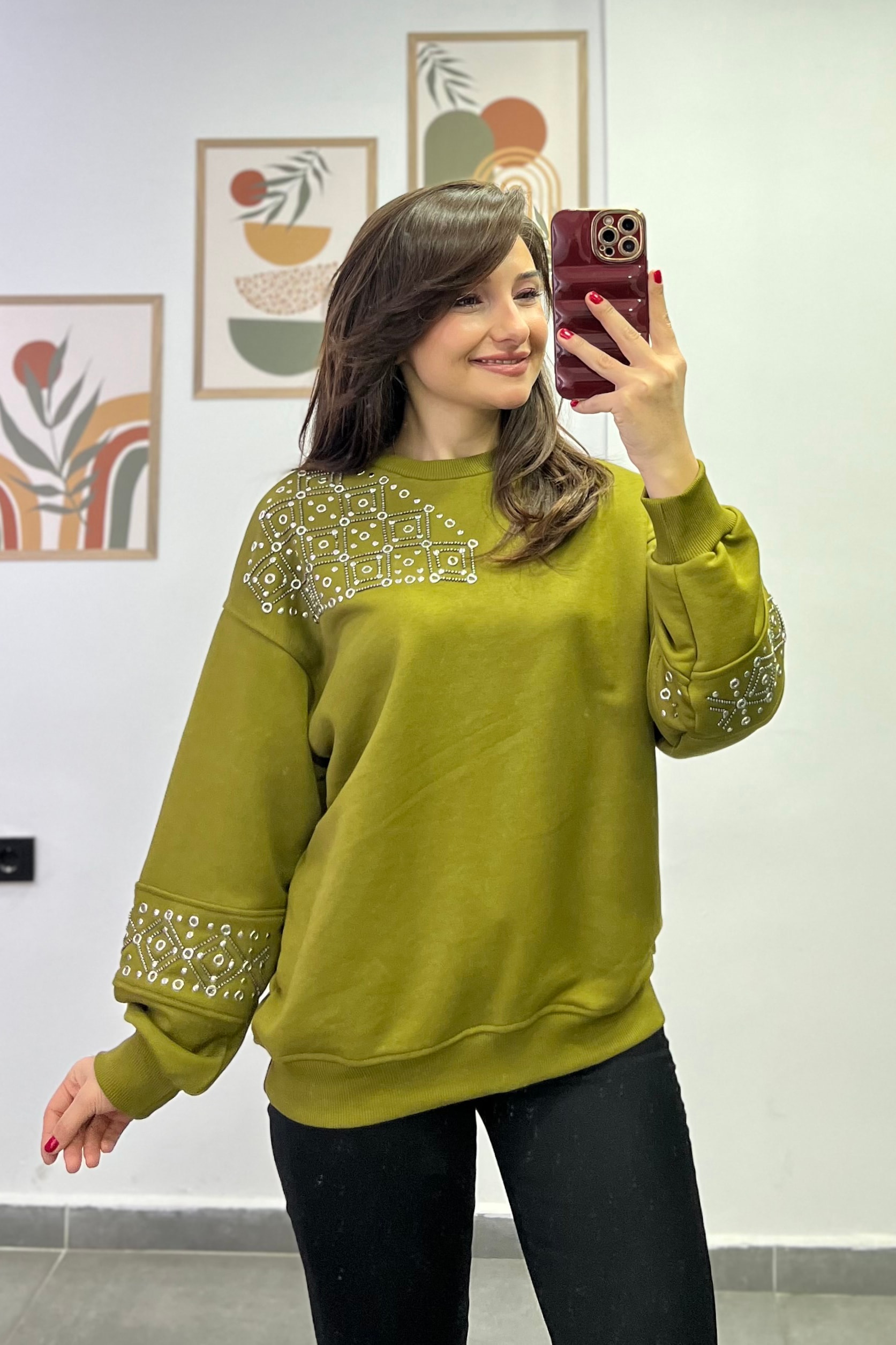 Tek Omuzu Ve Kolları Zımba Ve Boncuk Detaylı İki İplik Sweatshırt