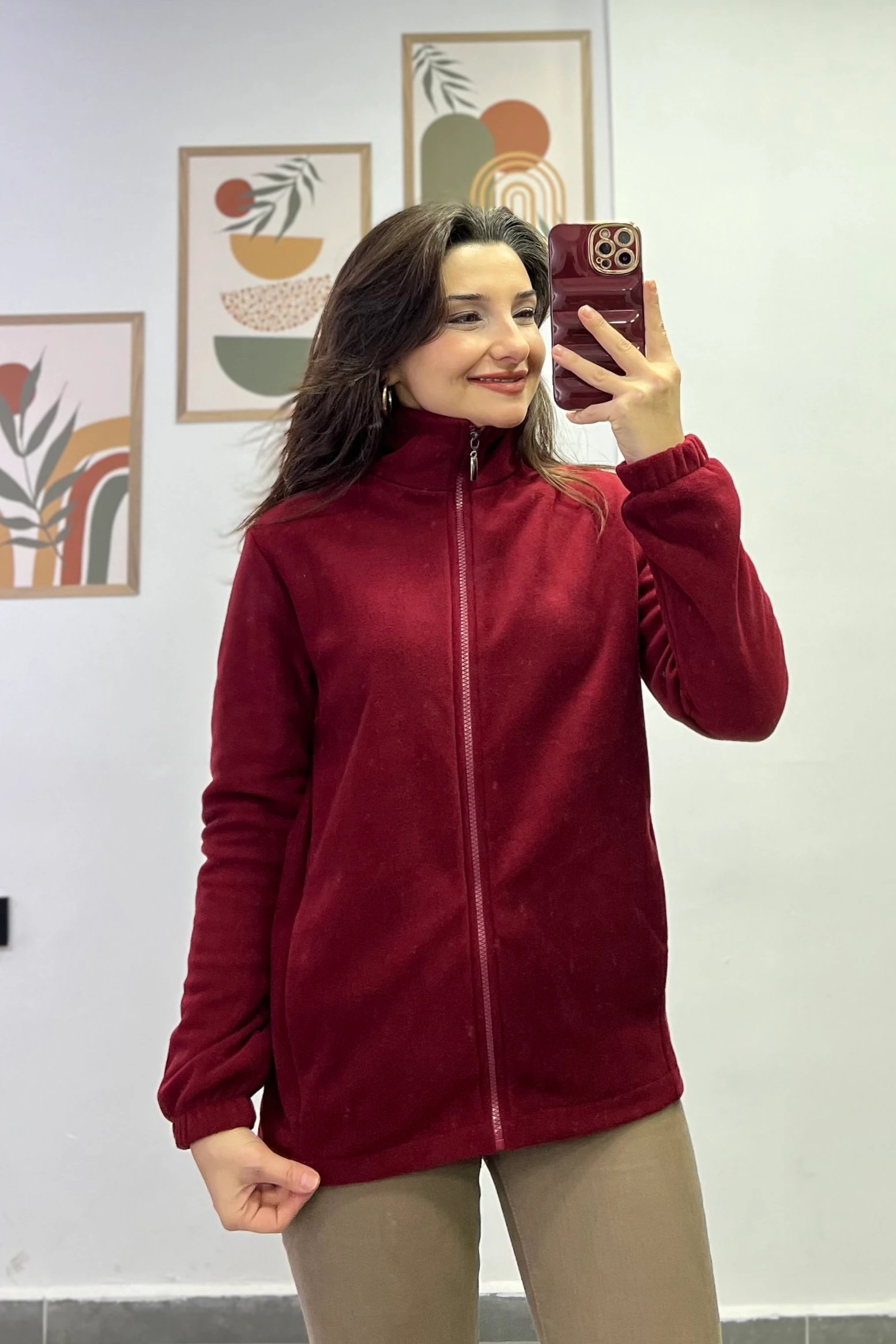 Kol Manşetleri Lastikli Fermuar Detaylı Cepli Polar Ceket - BORDO