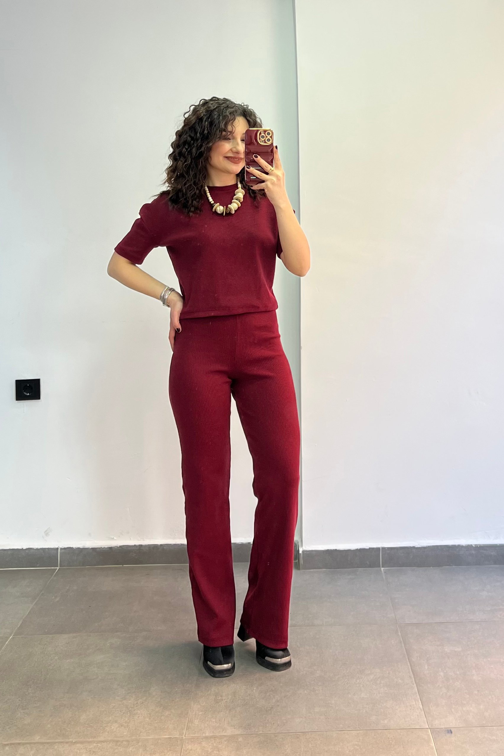 Bisiklet Yaka Beli Bağlamalı Fitilli Kumaş İkili Takım - BORDO