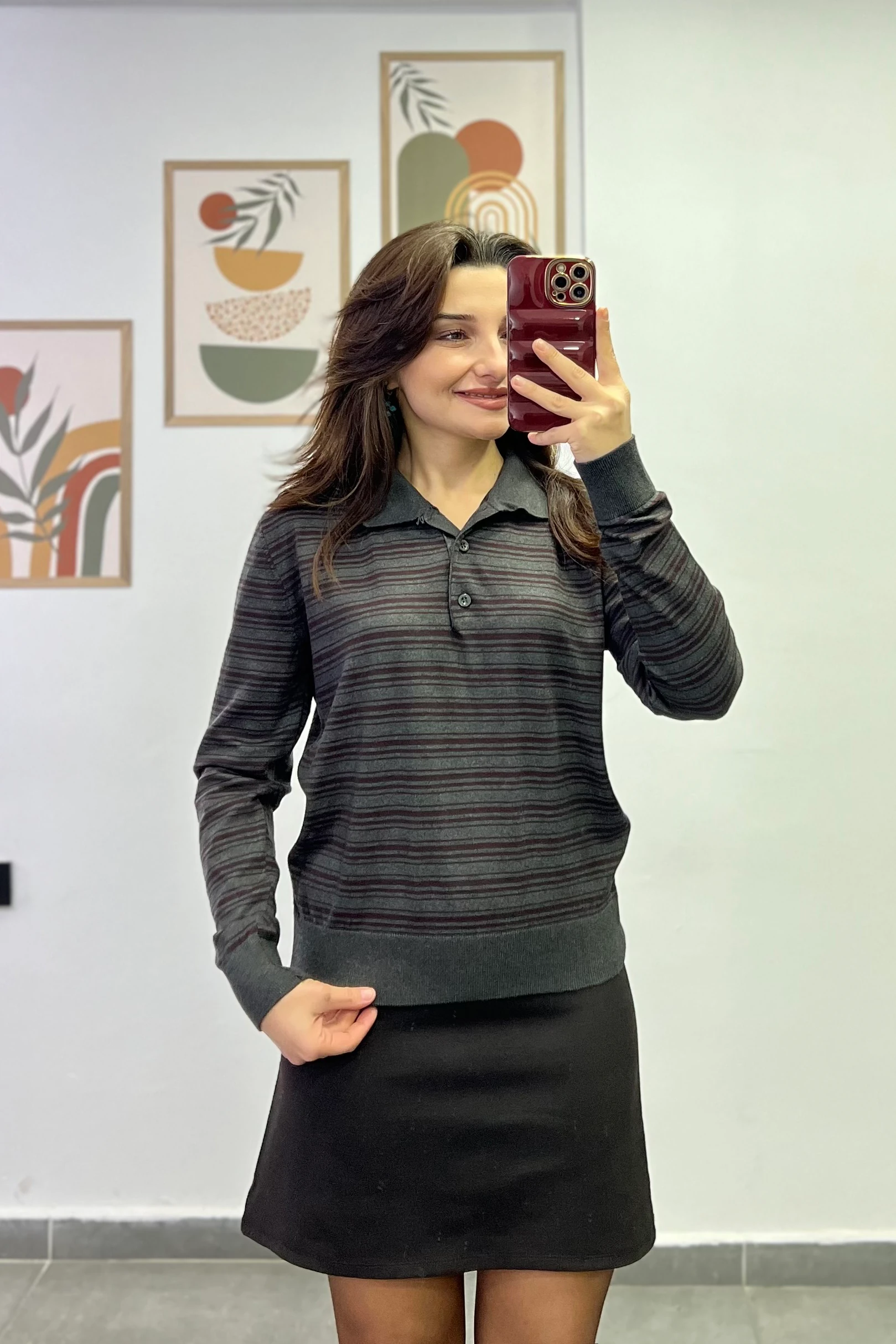 Polo Yaka Düğme Detaylı Çizgili Triko - KAHVERENGİ