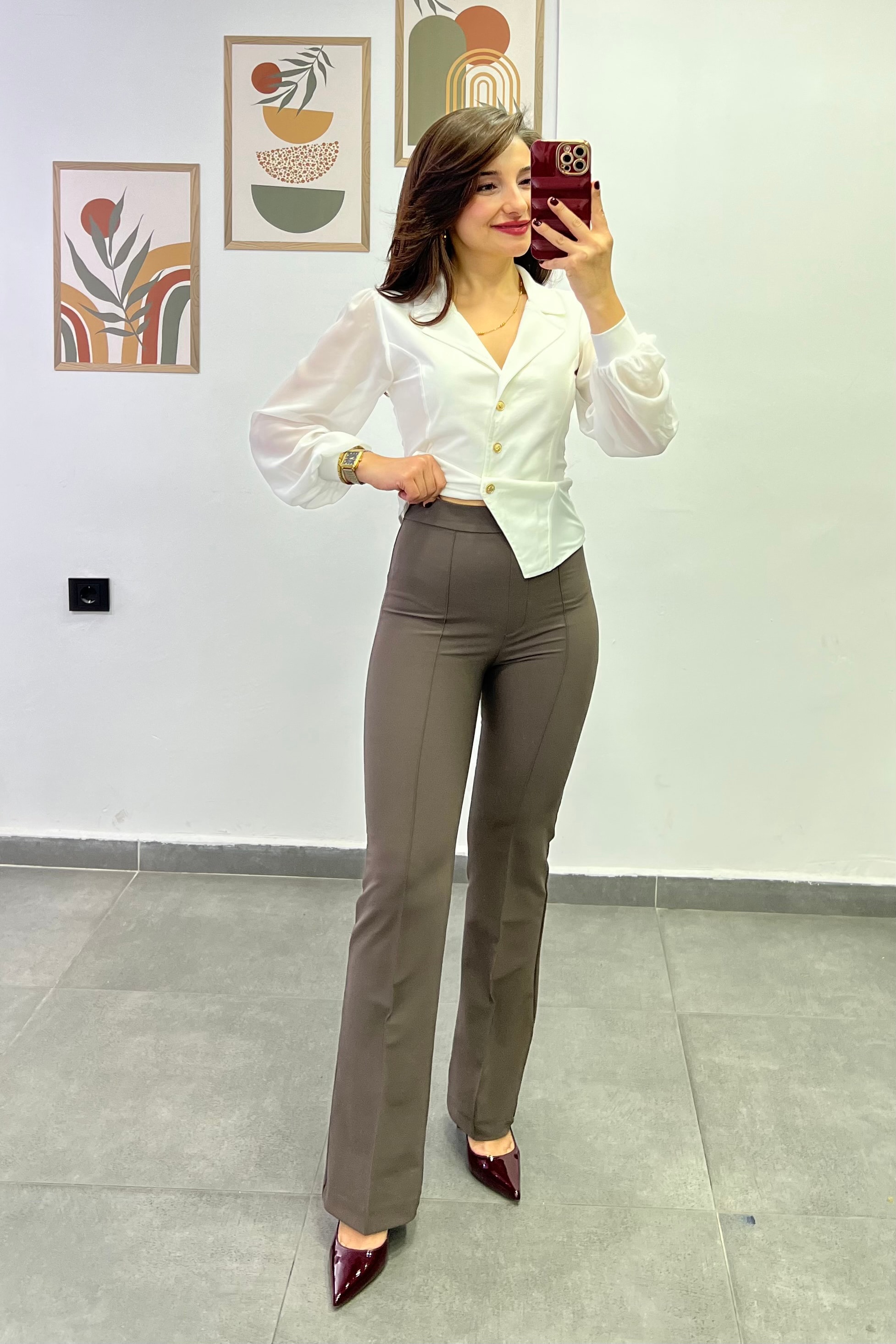 Yandan Fermuar Detaylı Önü Çima Dikişli Hafif İspanyol Paça Toparlayıcı Scuba Kumaş Pantolon - TOPRAK