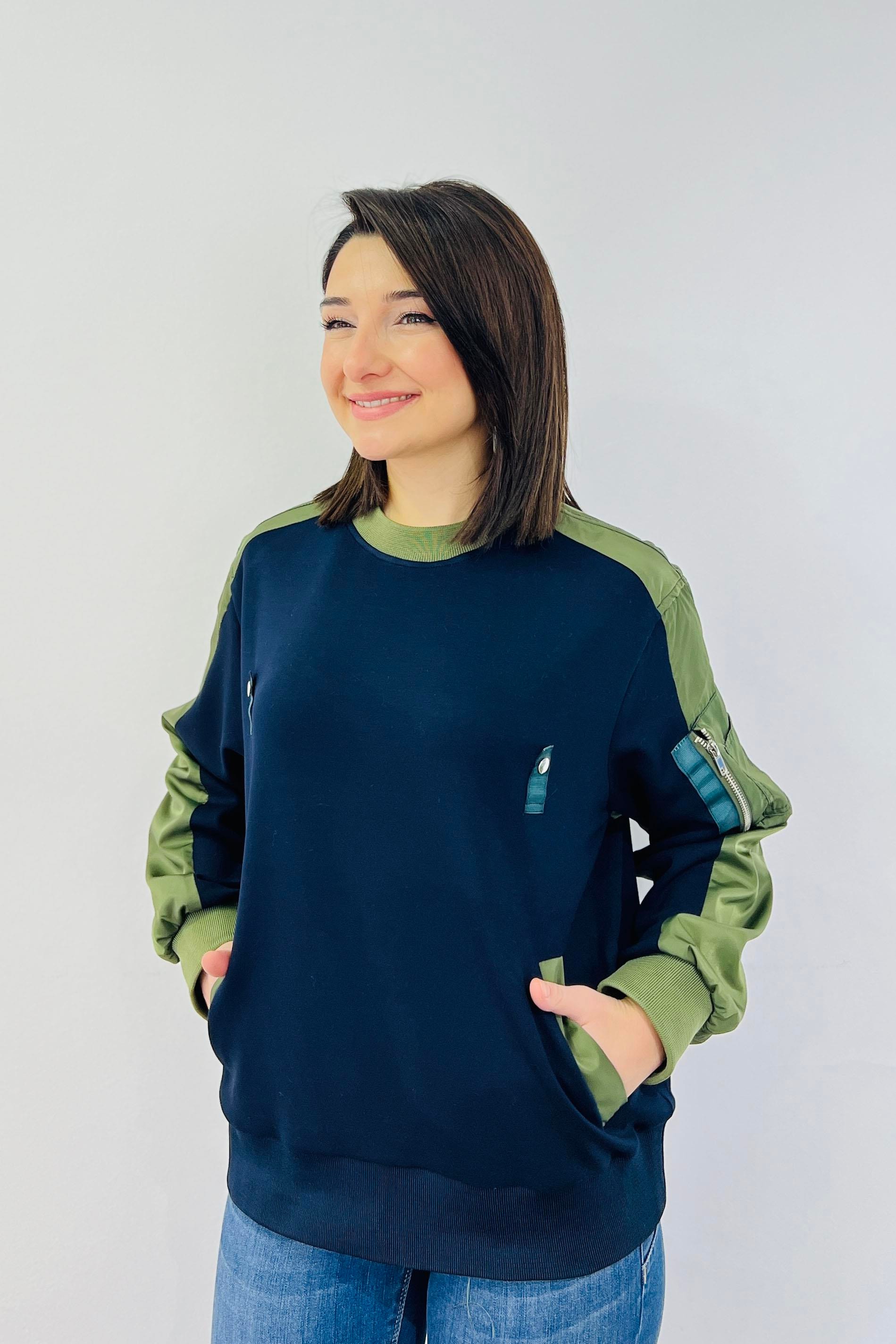 İki Yanı Cepli Kolları Paraşüt Kumaş Tasarım Sweatshırt Lacivert