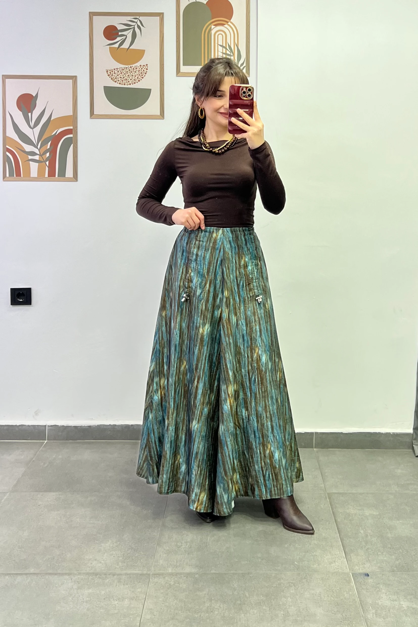 İki Ön Kısmı Asansör Lastik Detaylı Maxi Boy Renkli  Etek - KAHVERENGİ BATİK