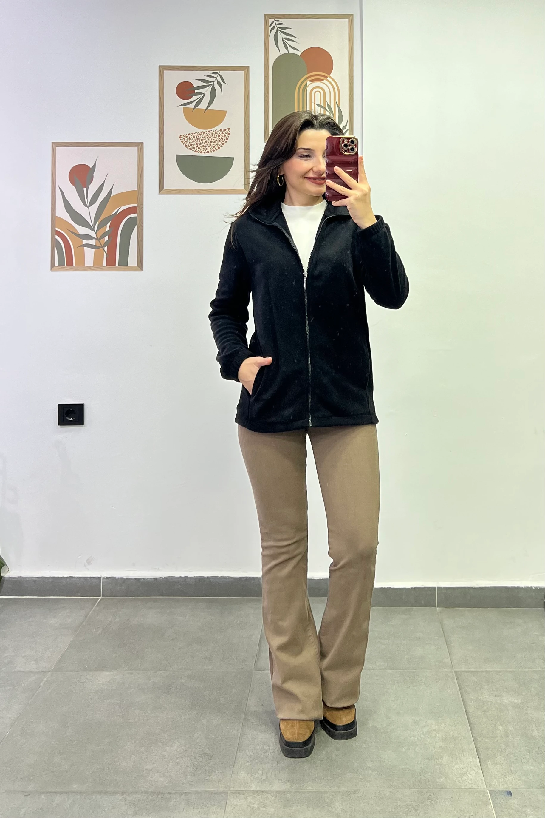 Kol Manşetleri Lastikli Fermuar Detaylı Cepli Polar Ceket - Siyah