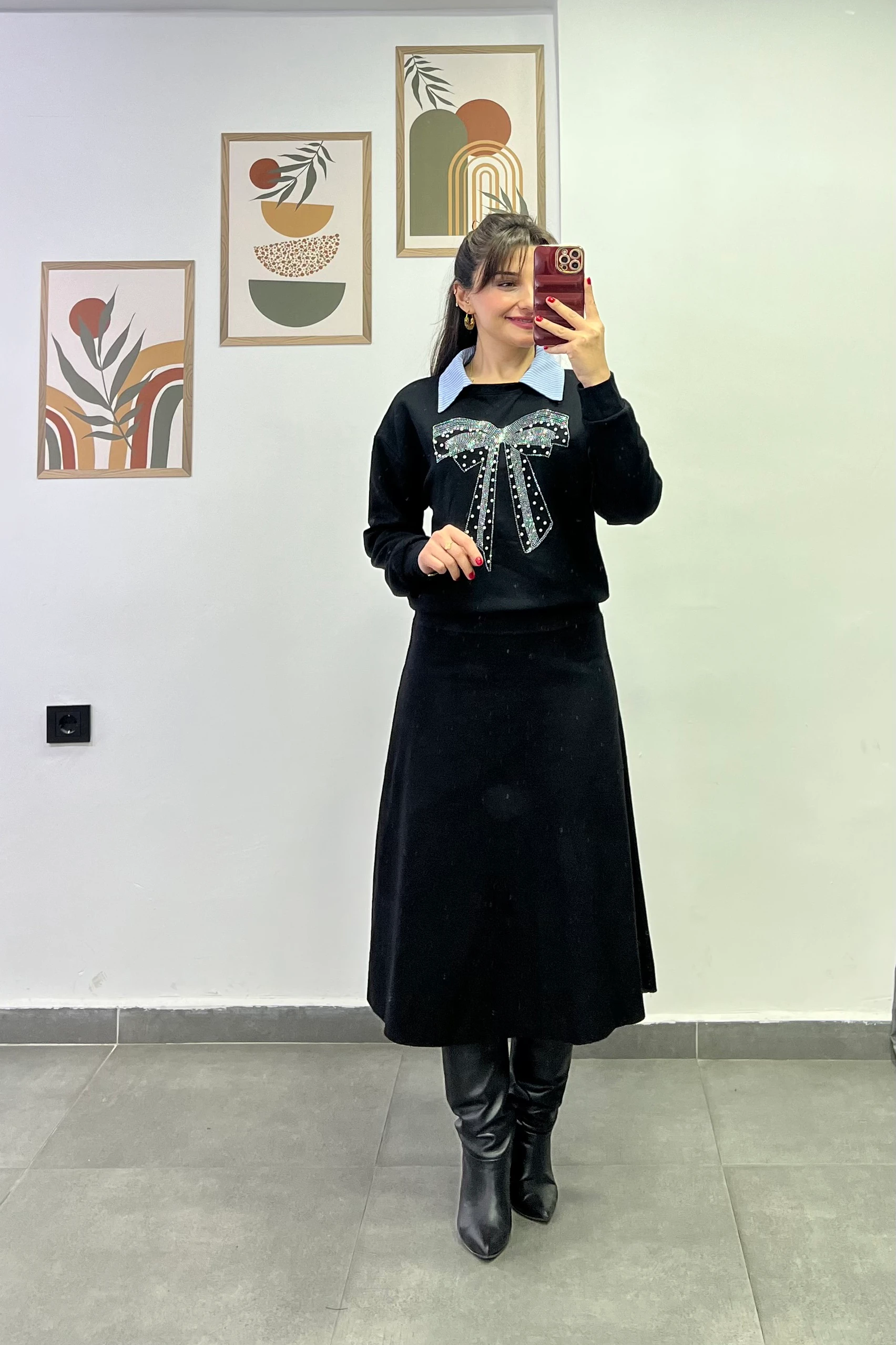 Beli Kalın Korsaj Detaylı Etek Ucu Kesik Selanik Kumaş Çan Etek - SİYAH