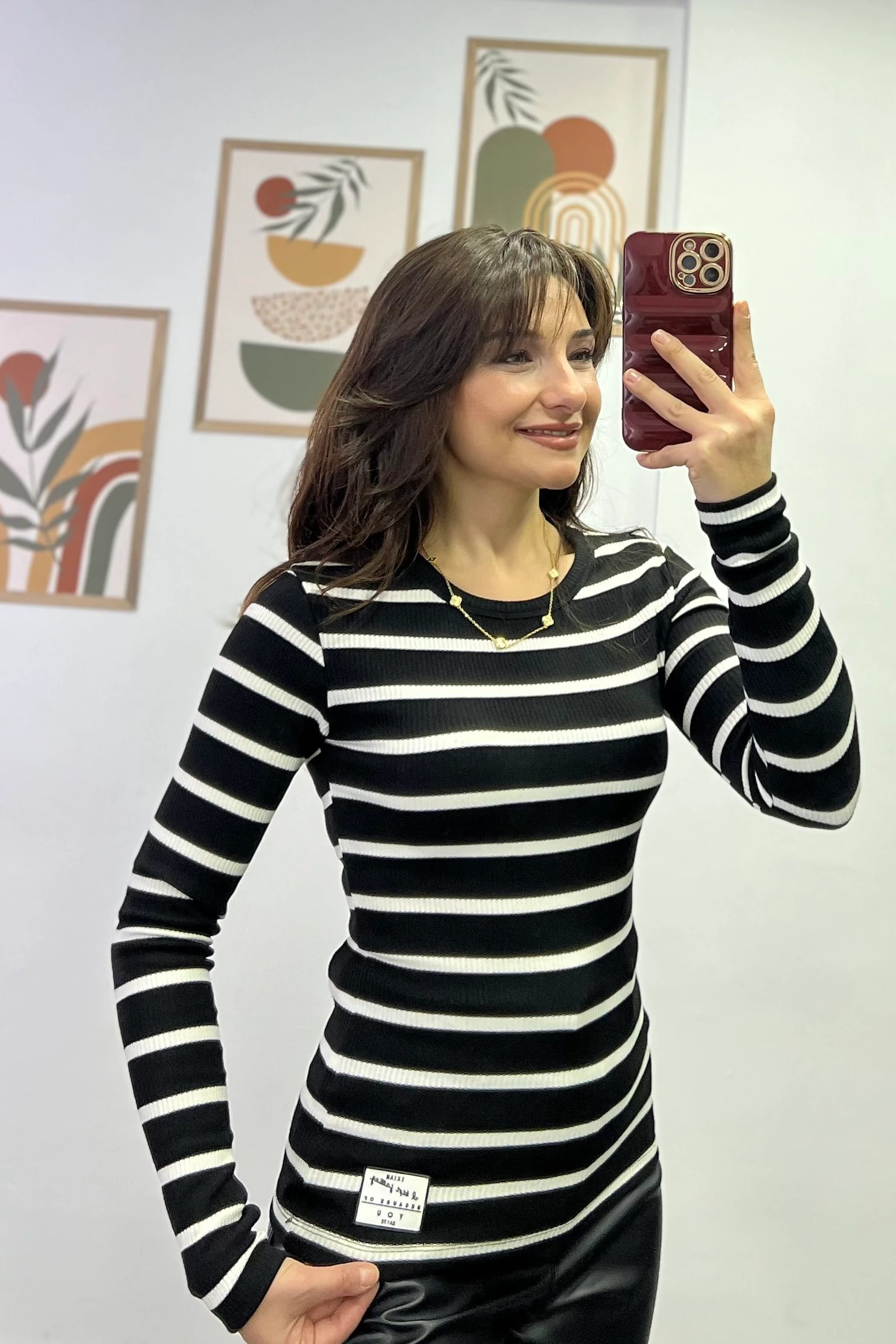 Bisiklet Yaka Beyaz Çizgili Fitilli Kumaş Bluz