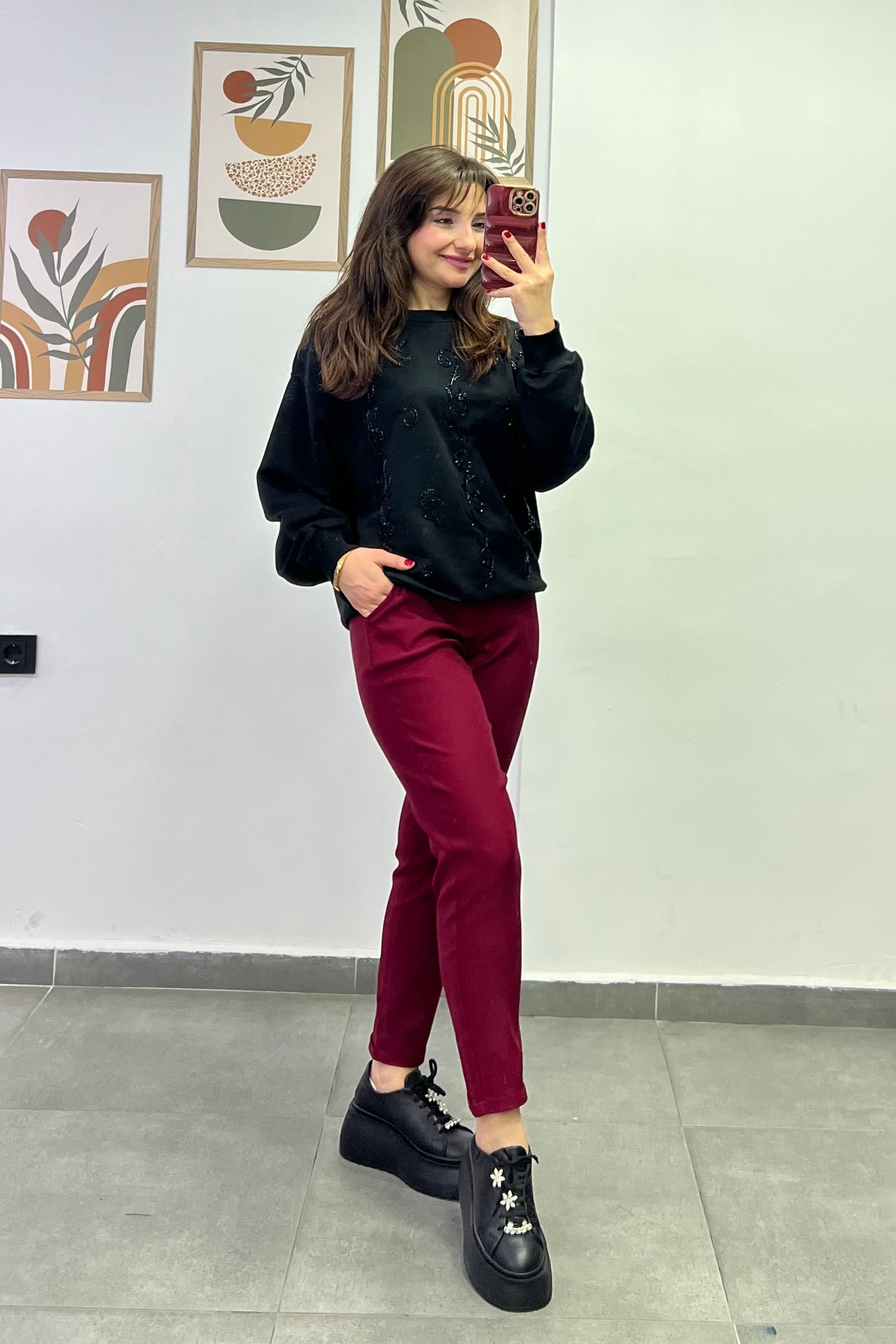 Beli Lastikli Duble Paça Cep Detaylı Pantolon - BORDO