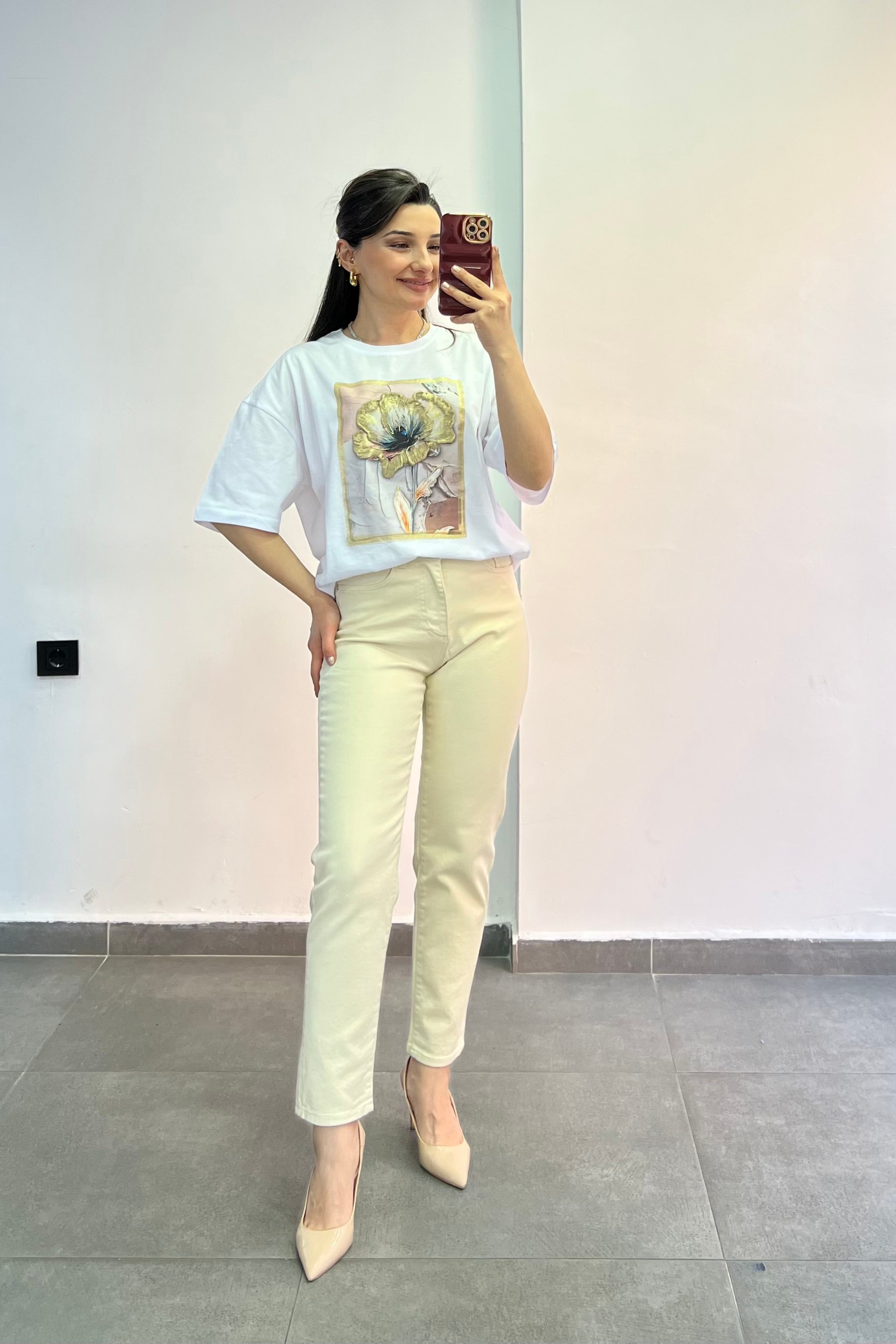 Hayalet Taşlı Yüksek Bel Mom fit Jean - BEJ