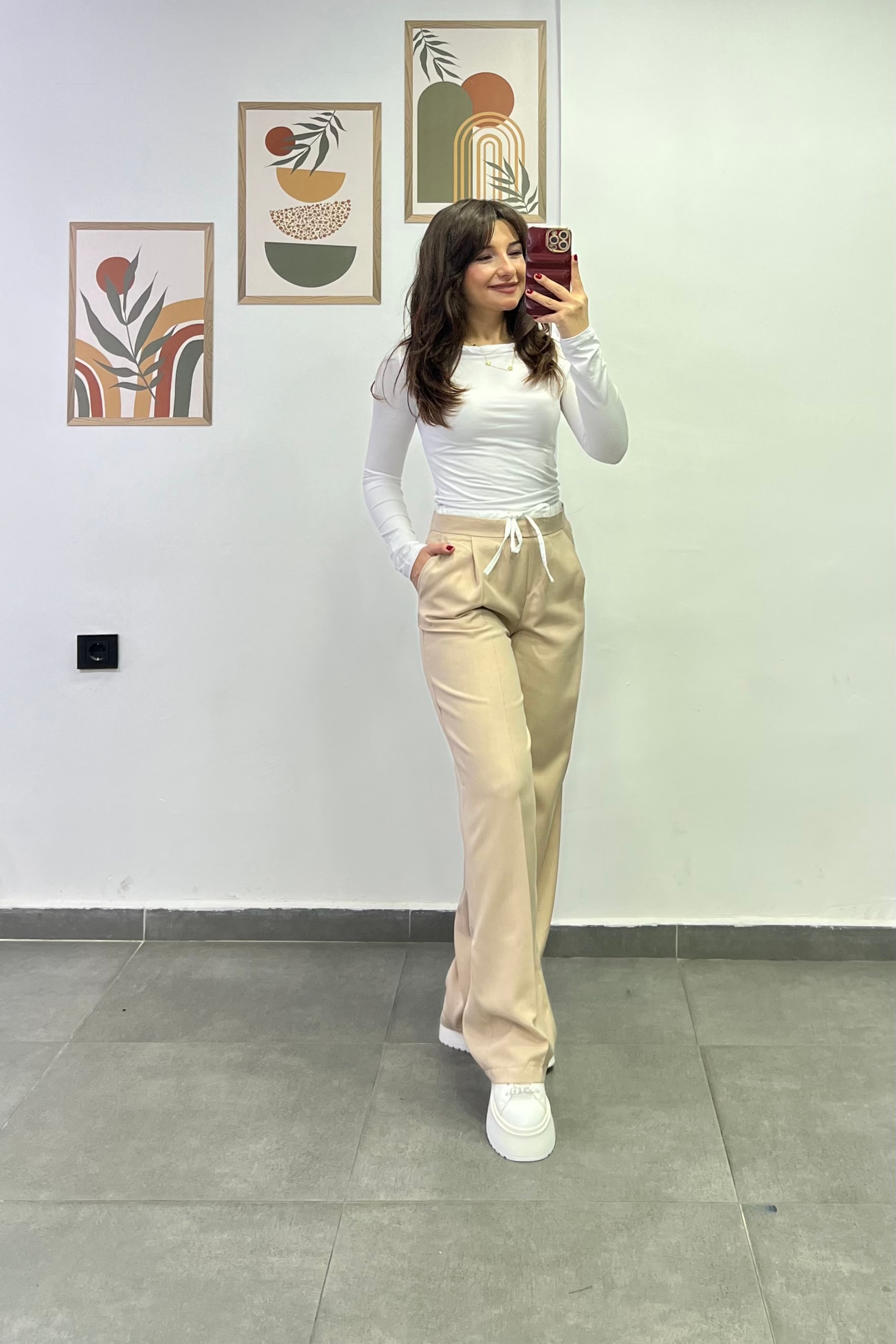 Bel Kısmı Lastikli Çift Kemer Detaylı Cepli Palazzo Kumaş Pantolon - BEJ