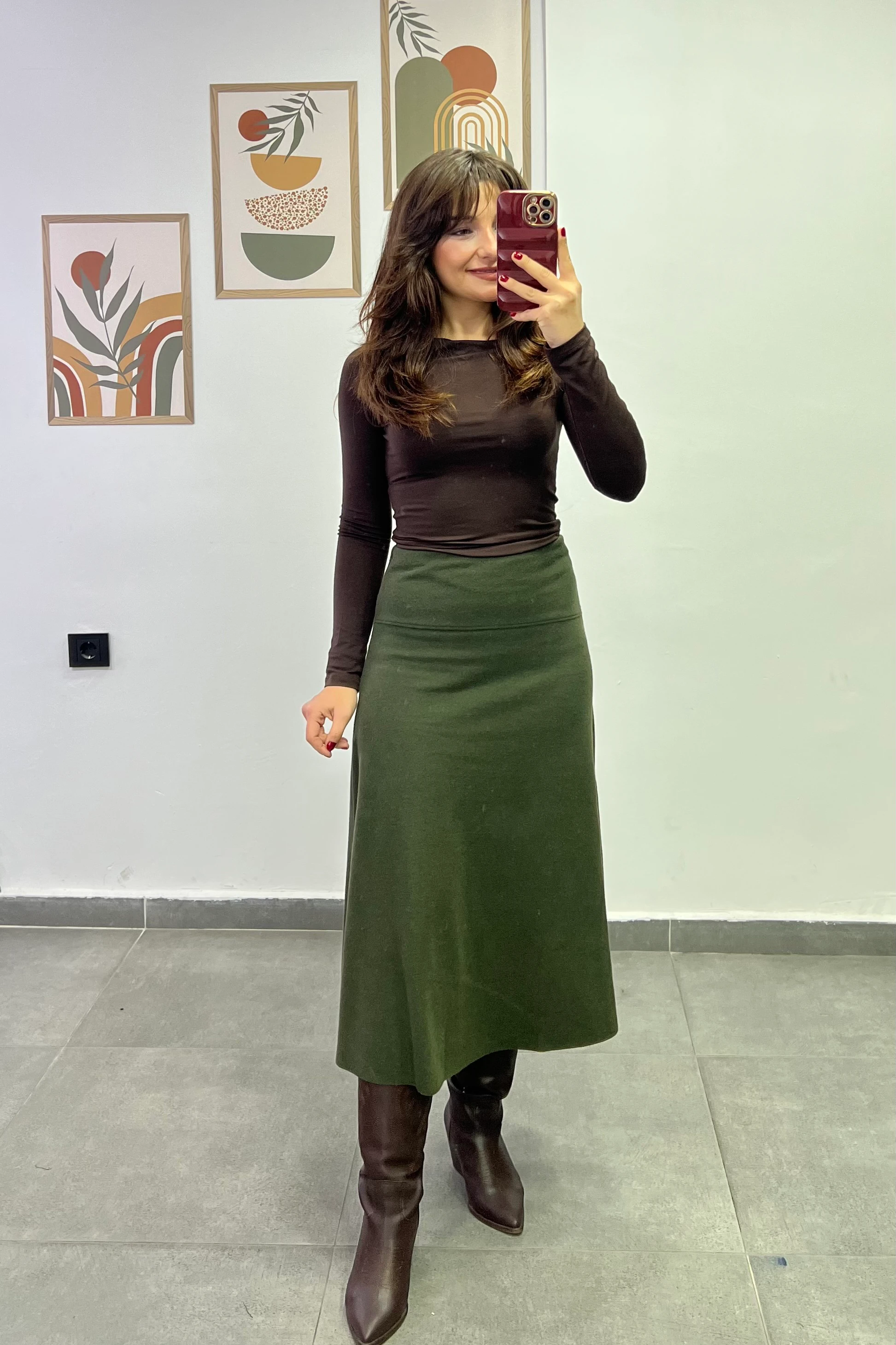 Beli Kalın Korsaj Detaylı Etek Ucu Kesik Selanik Kumaş Çan Etek - Haki