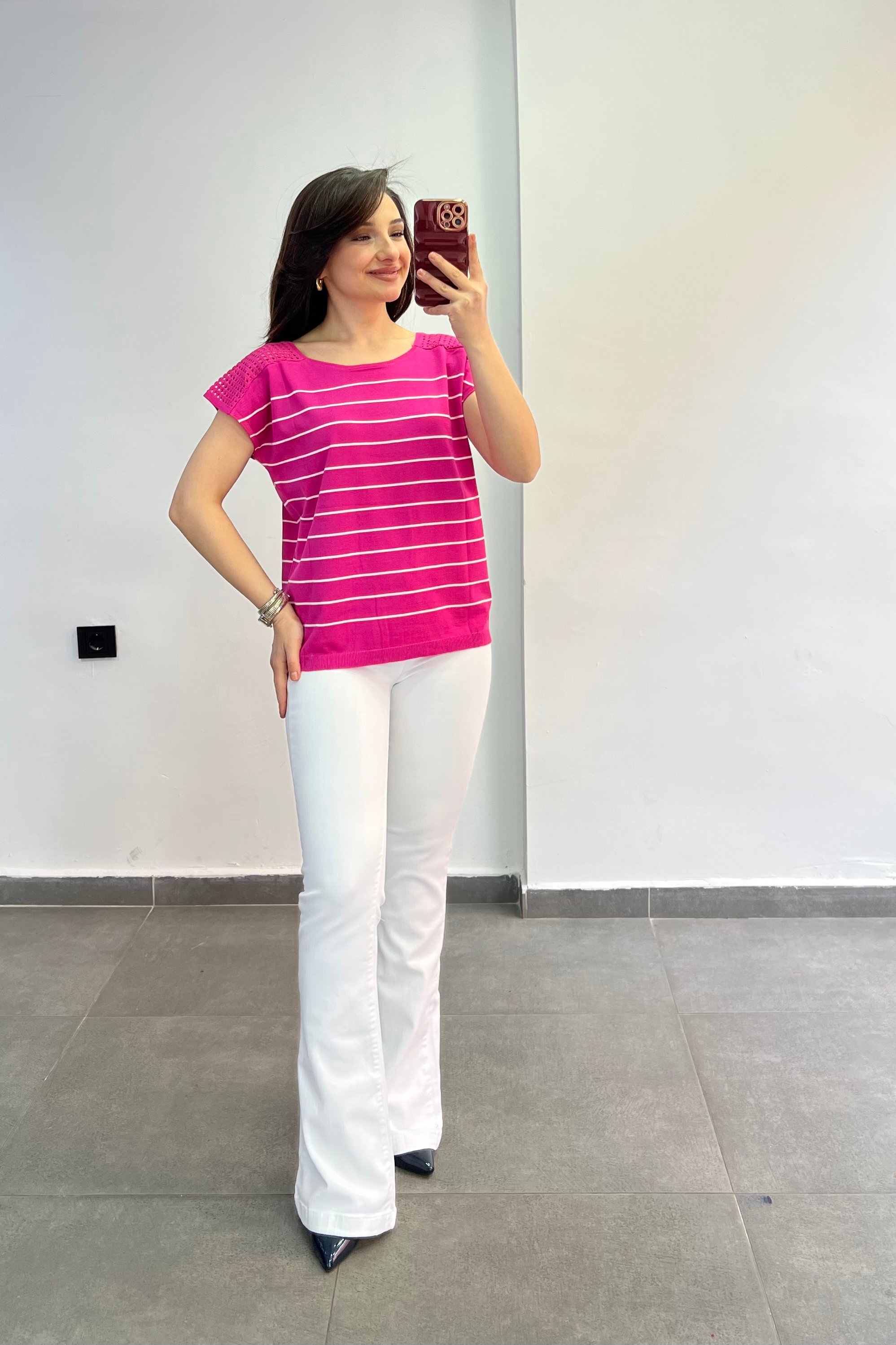 İki Omuzu Örme Detaylı Renkli Çizgili Triko - PEMBE