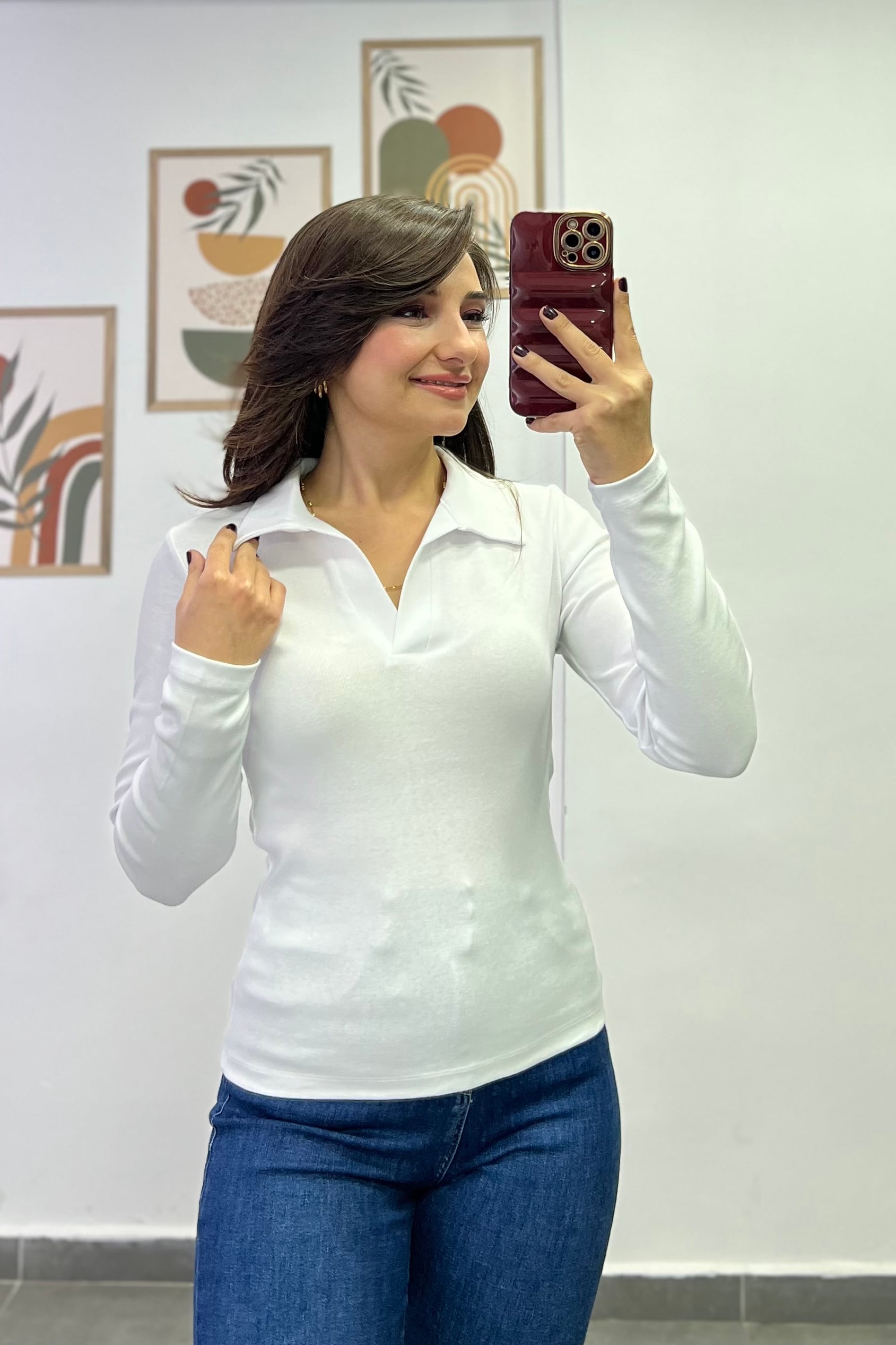 Polo Yaka Uzun Kollu Penye Bluz - BEYAZ