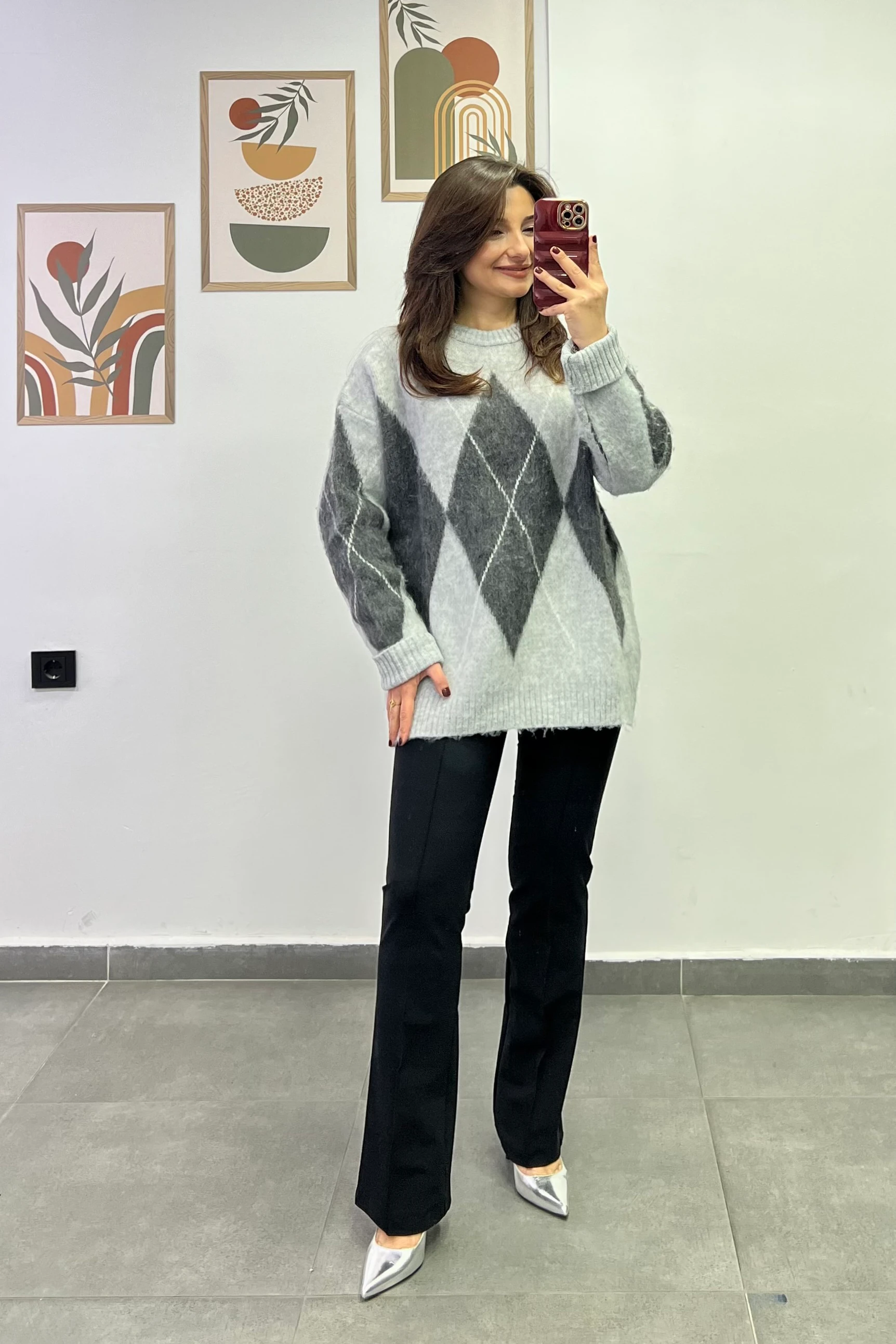 Bisiklet Yaka Oversize Baklava Dilim Kazak - GRİ