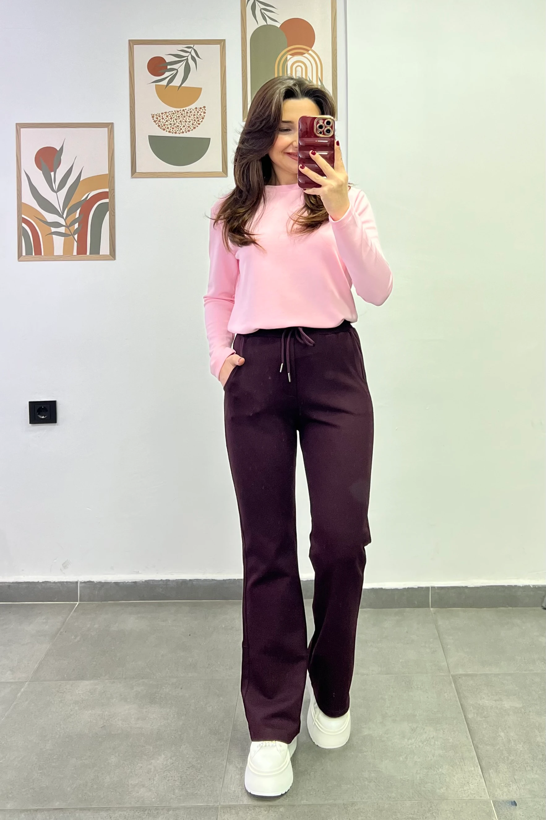 Beli Lastikli Cep Detaylı İspanyol Paça Çelik Örme Pantolon - BORDO