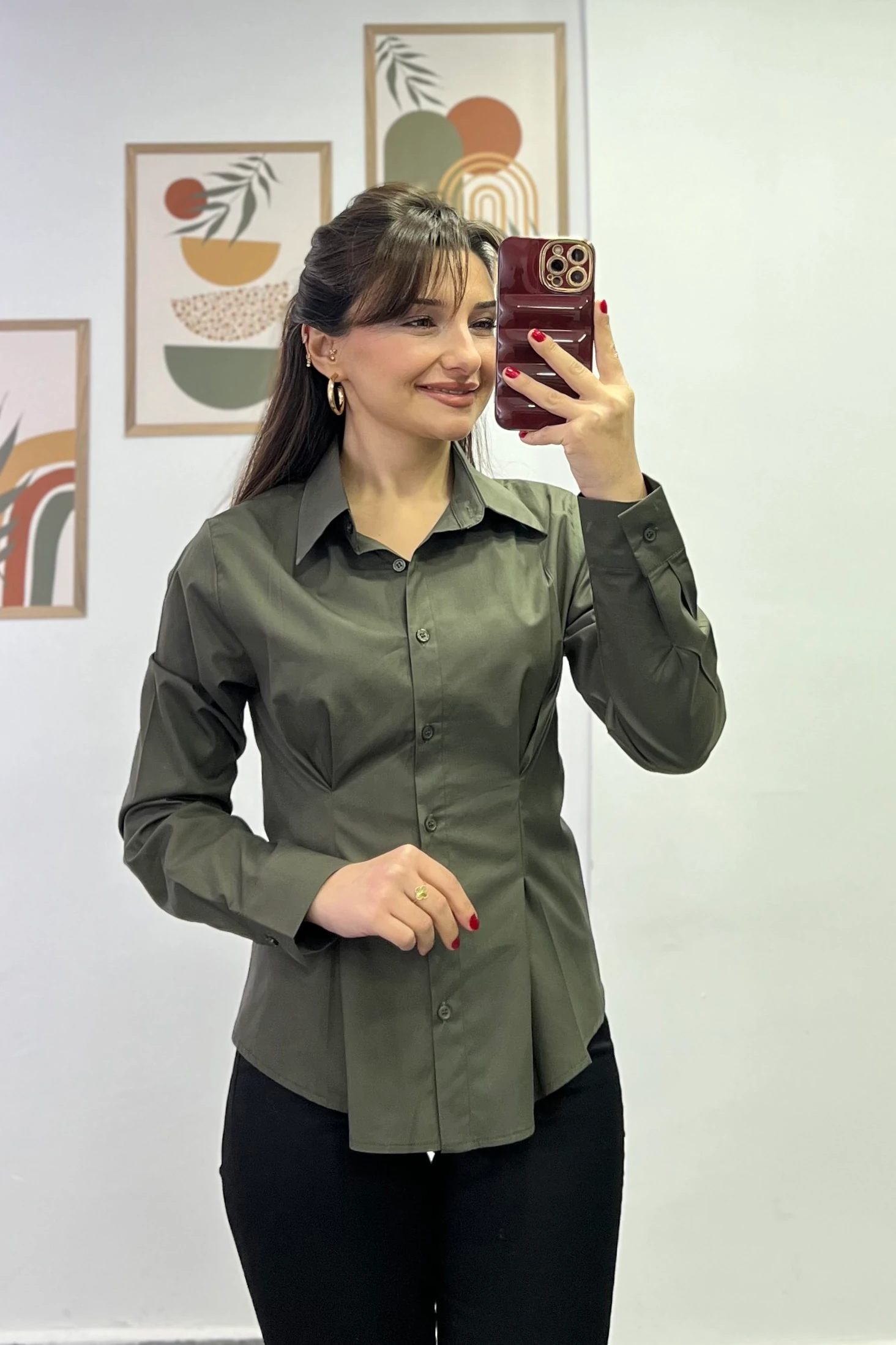 Ön Ve Arka Kısmı Pens Detaylı Gömlek - Haki