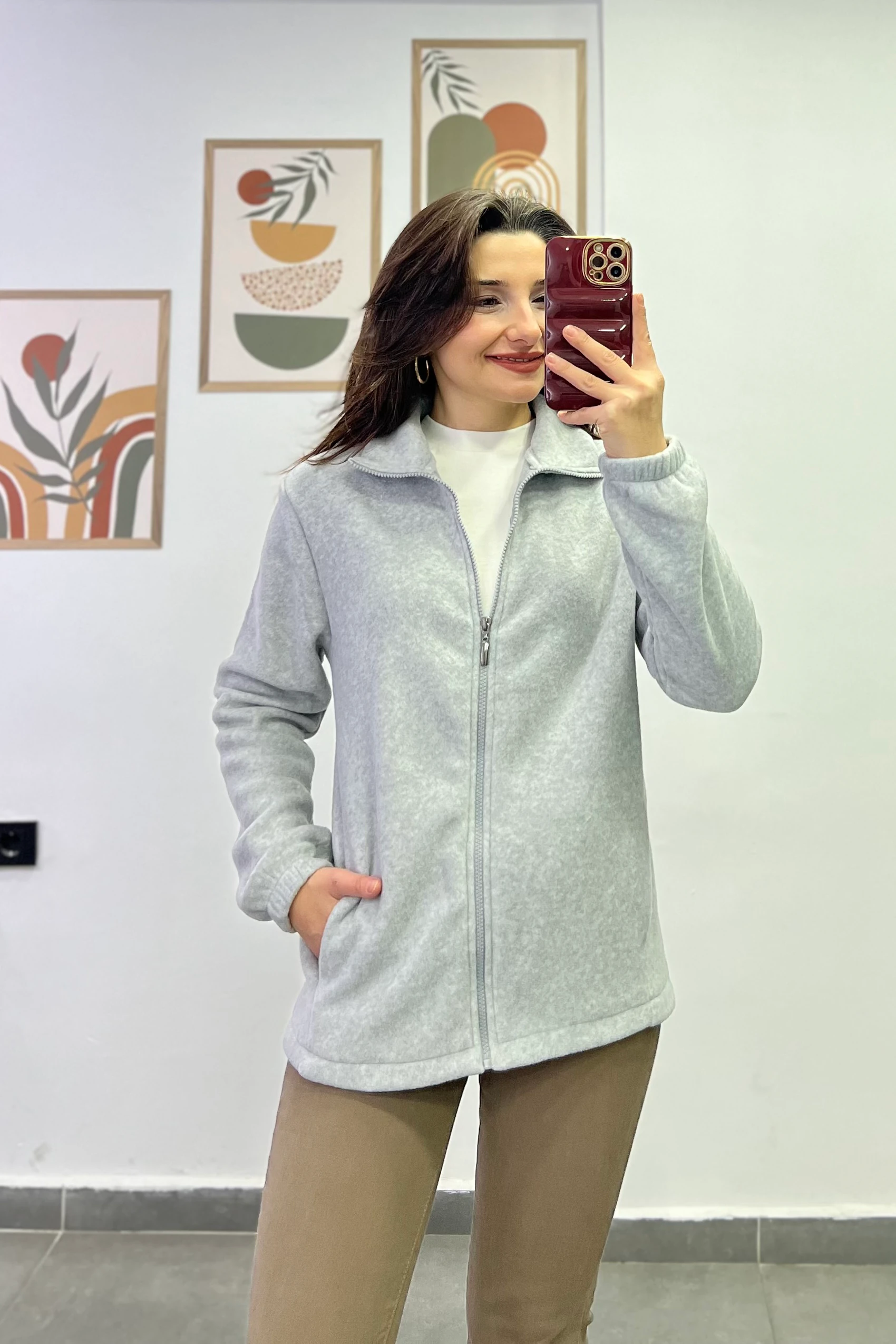 Kol Manşetleri Lastikli Fermuar Detaylı Cepli Polar Ceket - GRİ