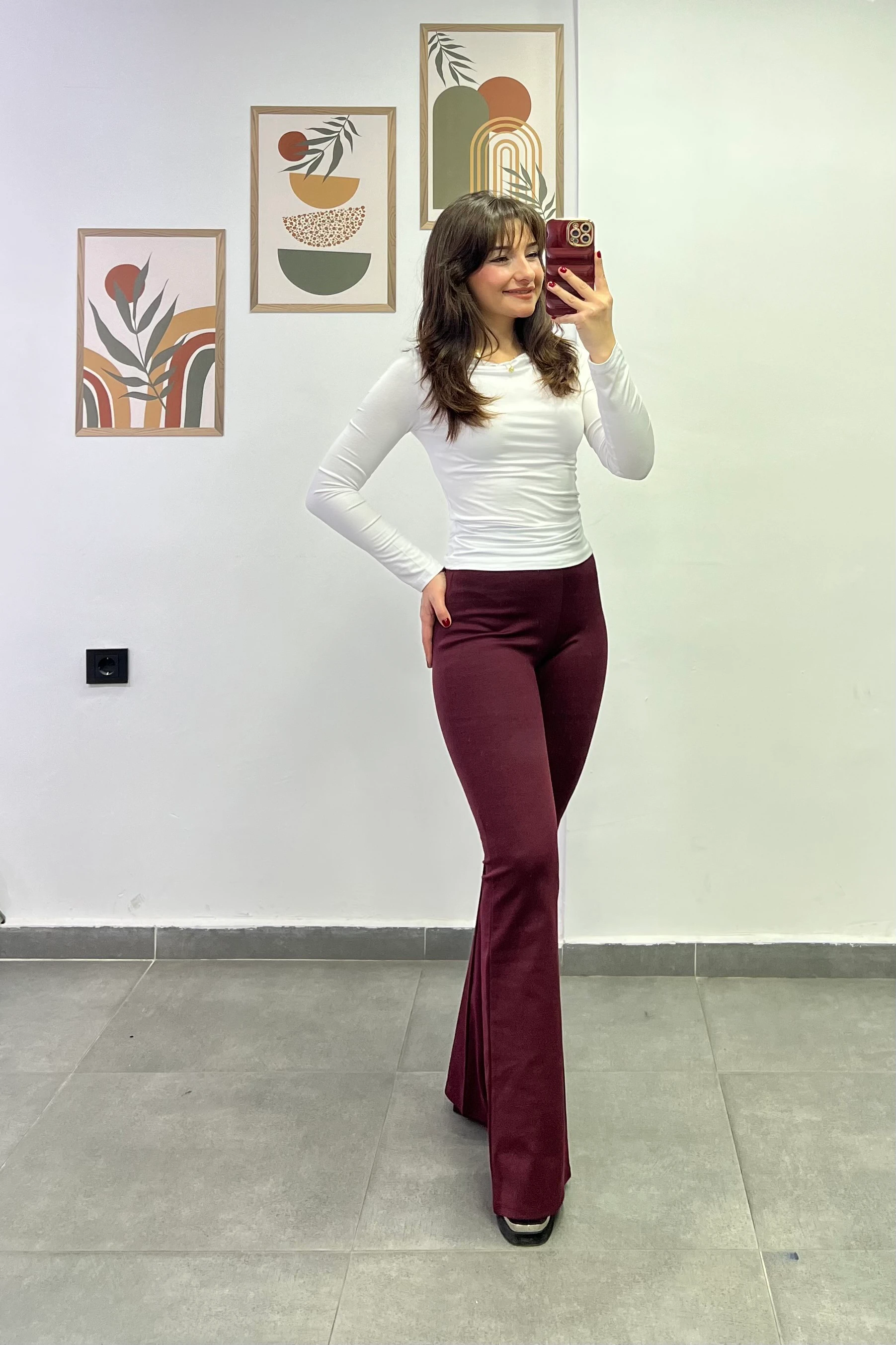 Yüksek Bel Çelik Örme İspanyol Paça  Tayt Pantolon - BORDO