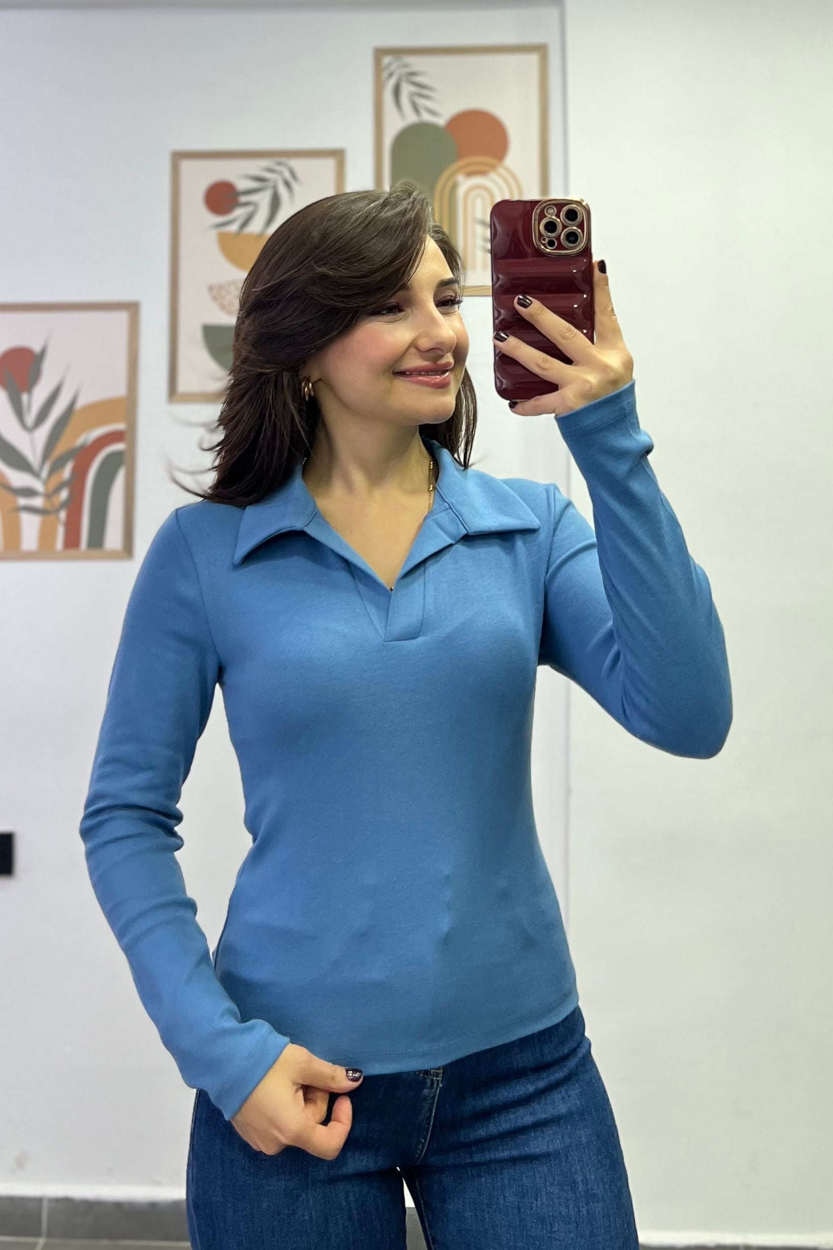 Polo Yaka Uzun Kollu Penye Bluz - MAVI