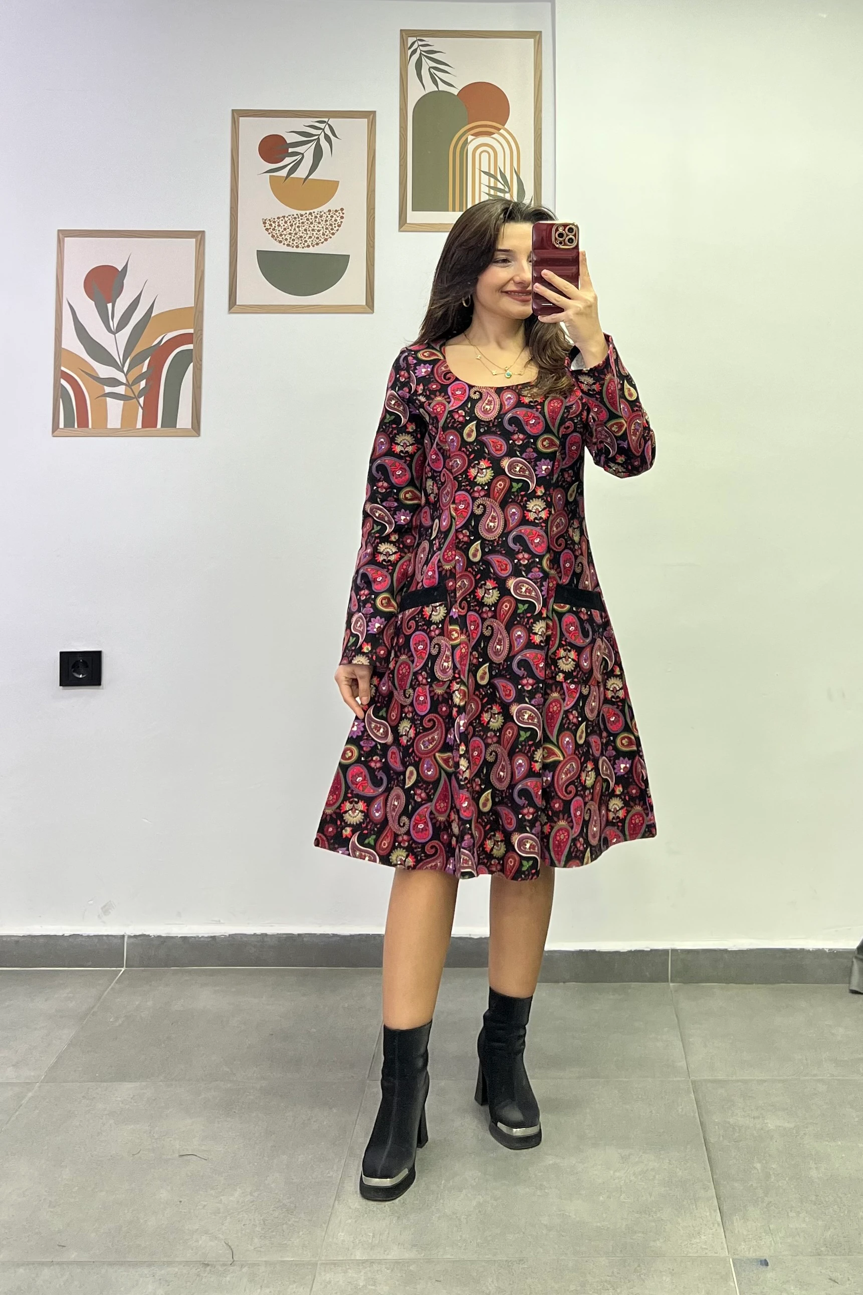 Oval Yaka Yanları Cep Detaylı Pazen Kumaş Çan Ebise - SİYAH MOR