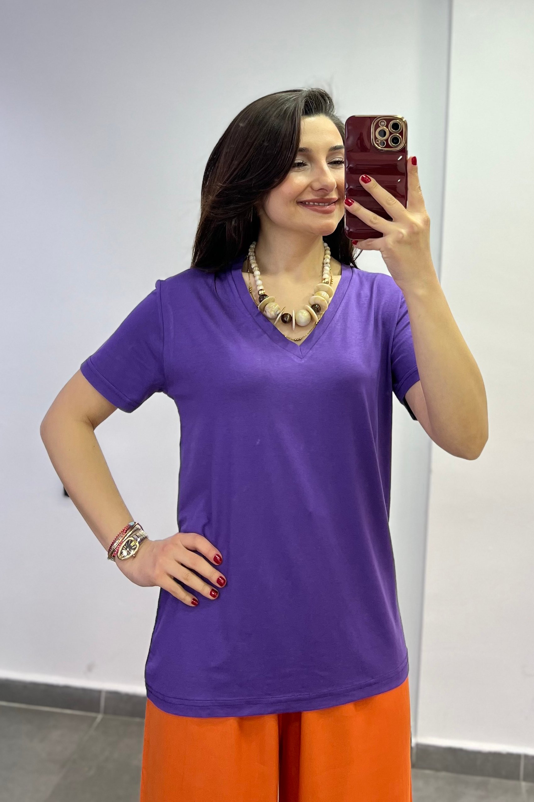 V Yaka Dökümlü Tshirt - MOR