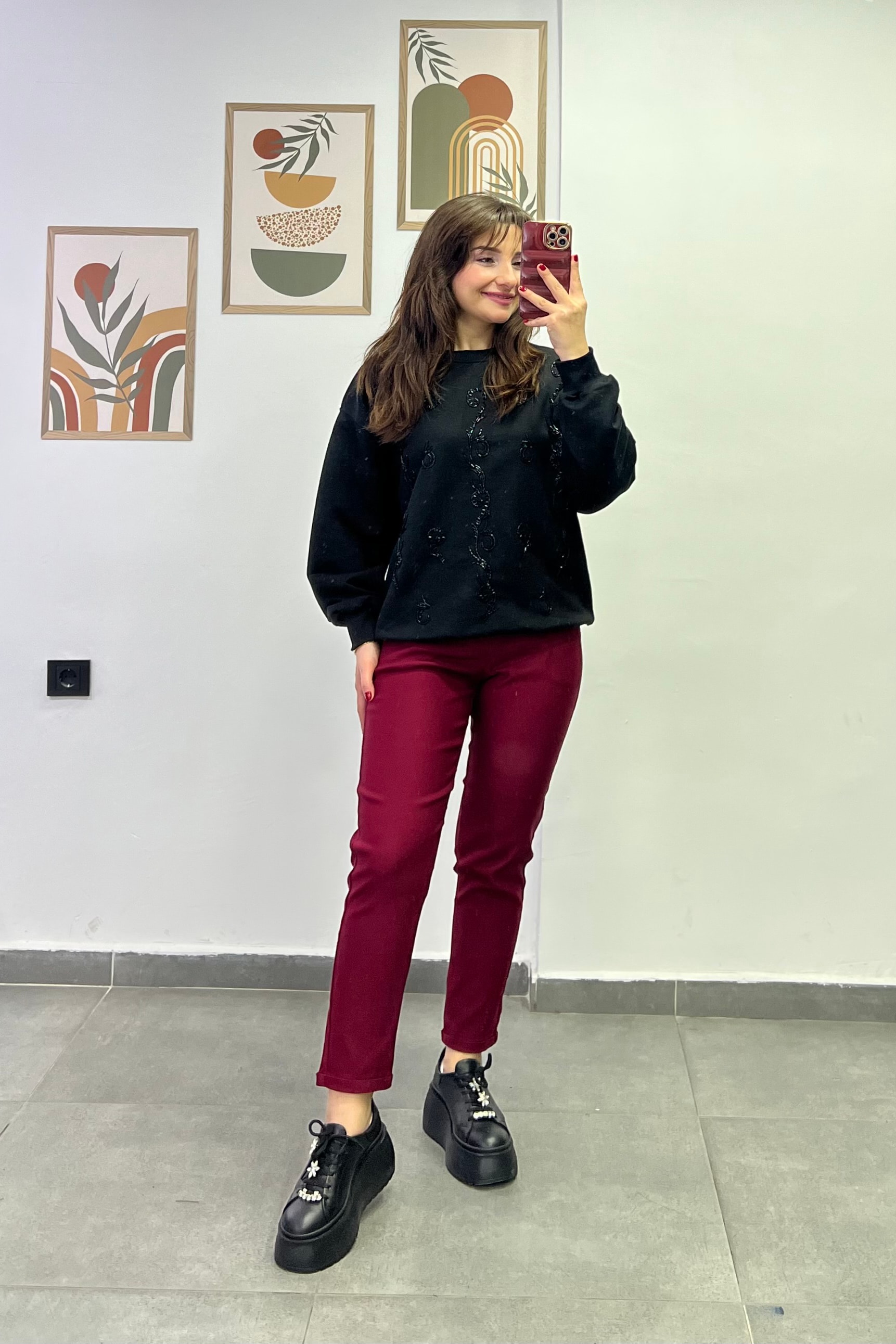 Beli Lastikli Duble Paça Cep Detaylı Pantolon - BORDO