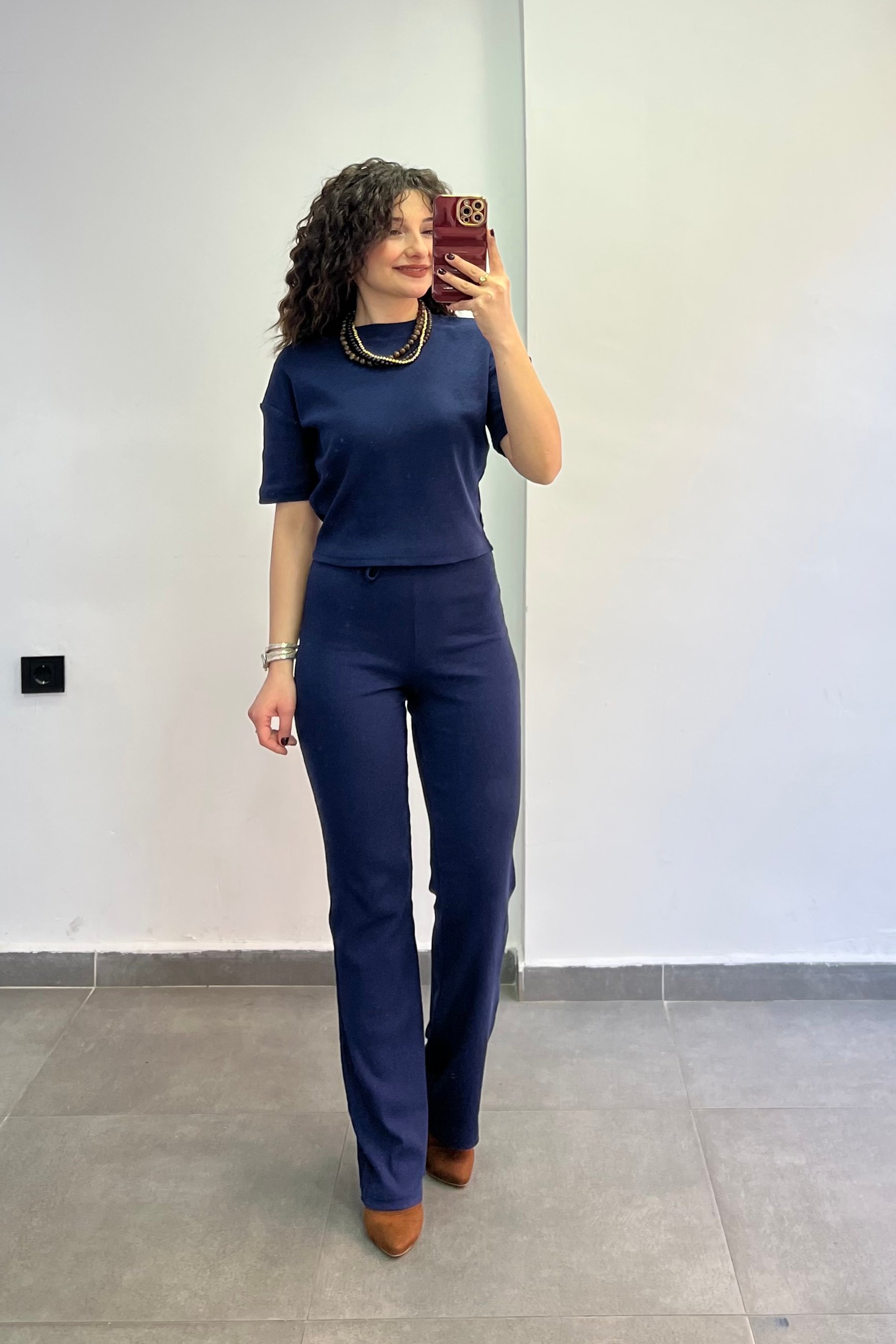 Bisiklet Yaka Beli Bağlamalı Fitilli Kumaş İkili Takım