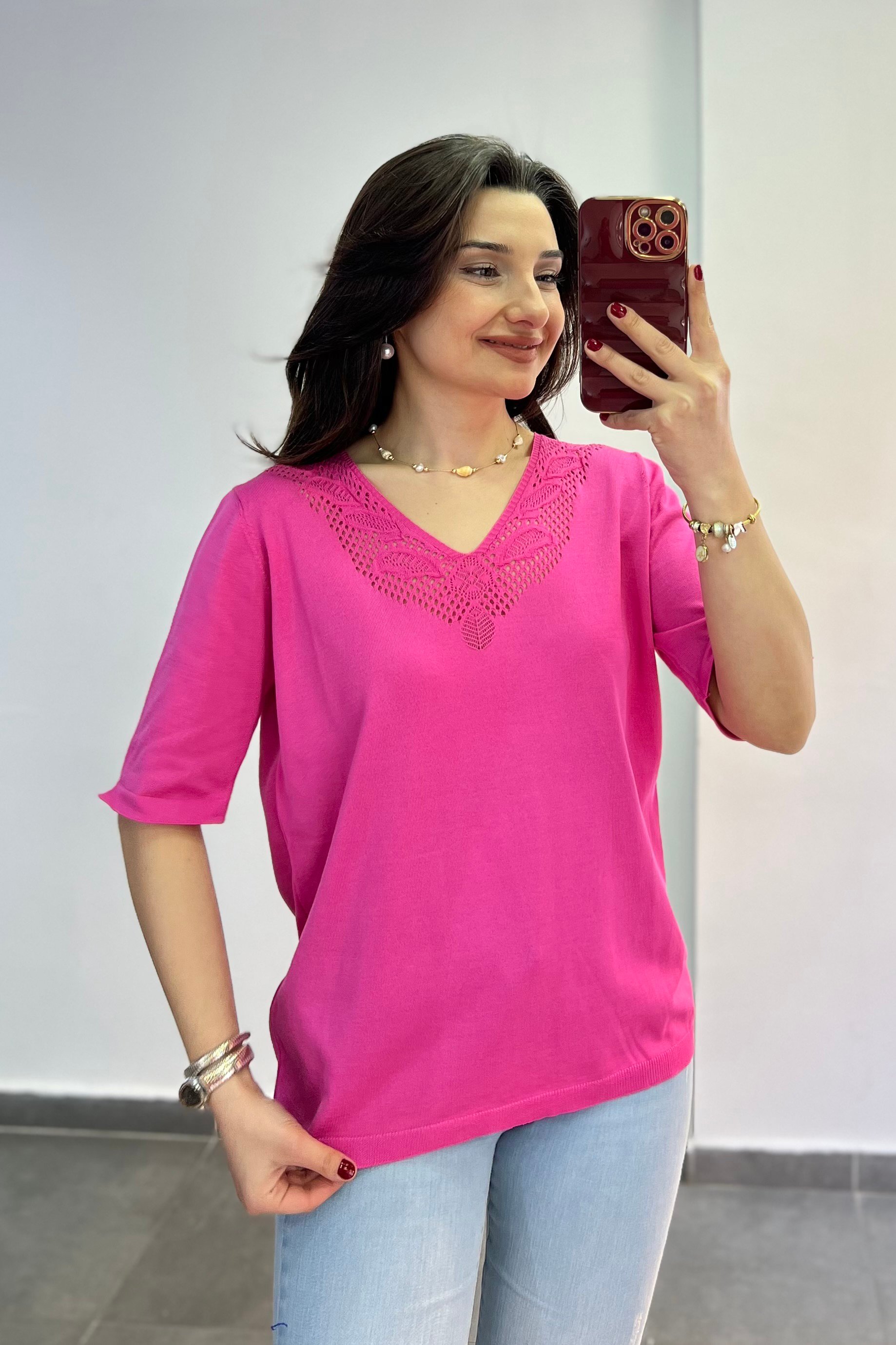 Yakası Ve Sırtı Örmeli Kısa Kollu Triko - PEMBE