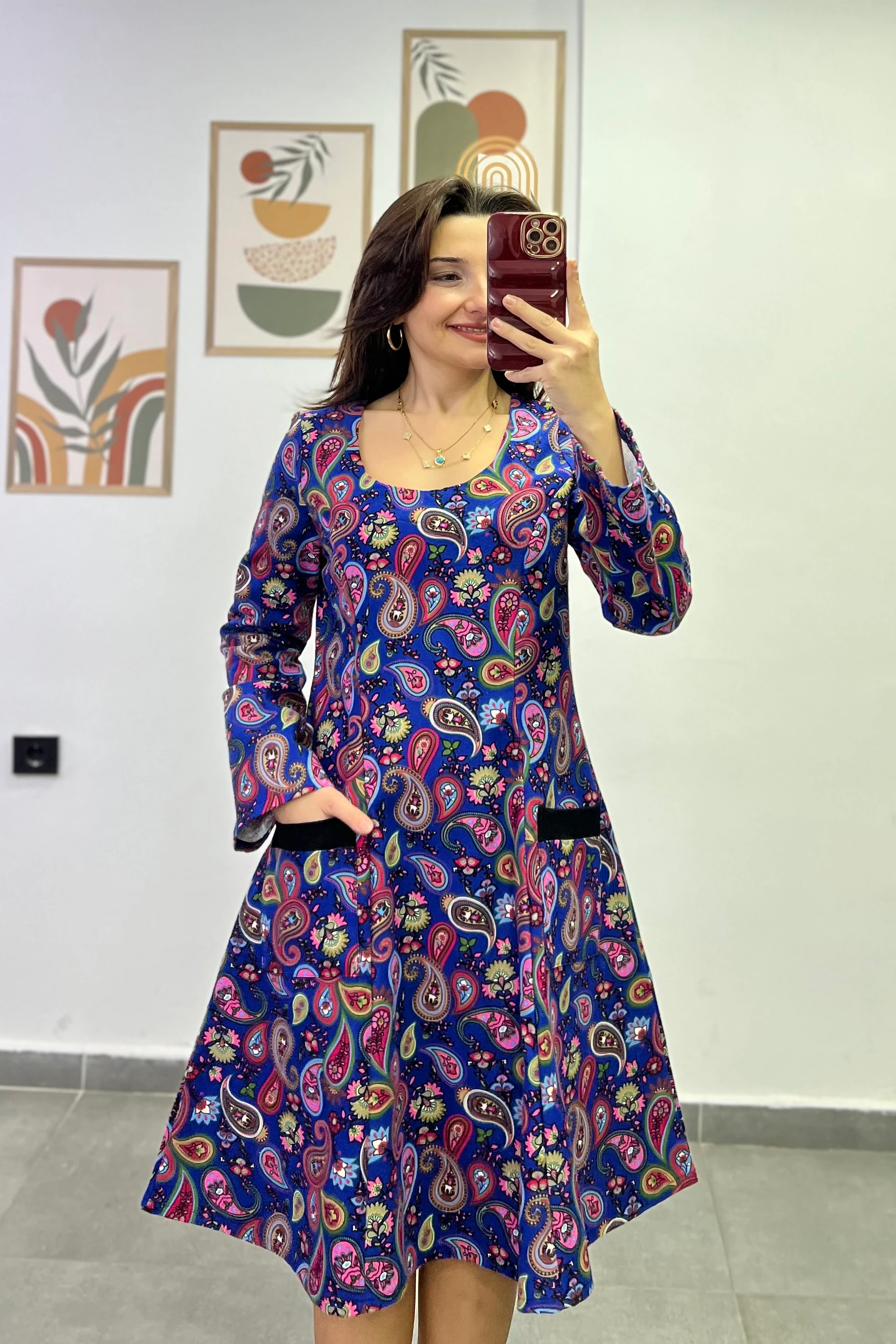 Oval Yaka Yanları Cep Detaylı Pazen Kumaş Çan Ebise - SAKS PEMBE