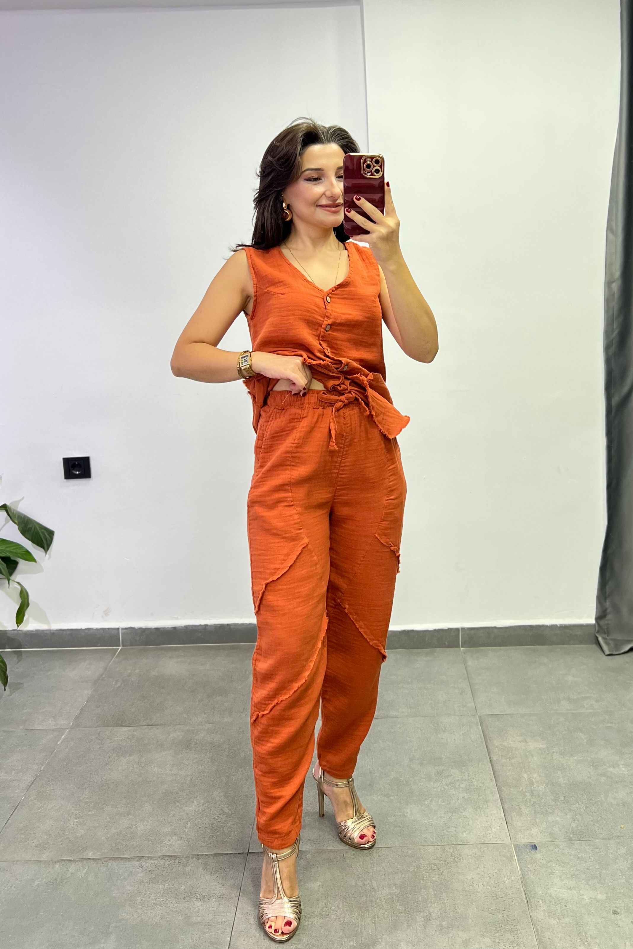 Beli Lastikli Cep Ve Dikiş Detaylı Müslin Kumaş Pantolon