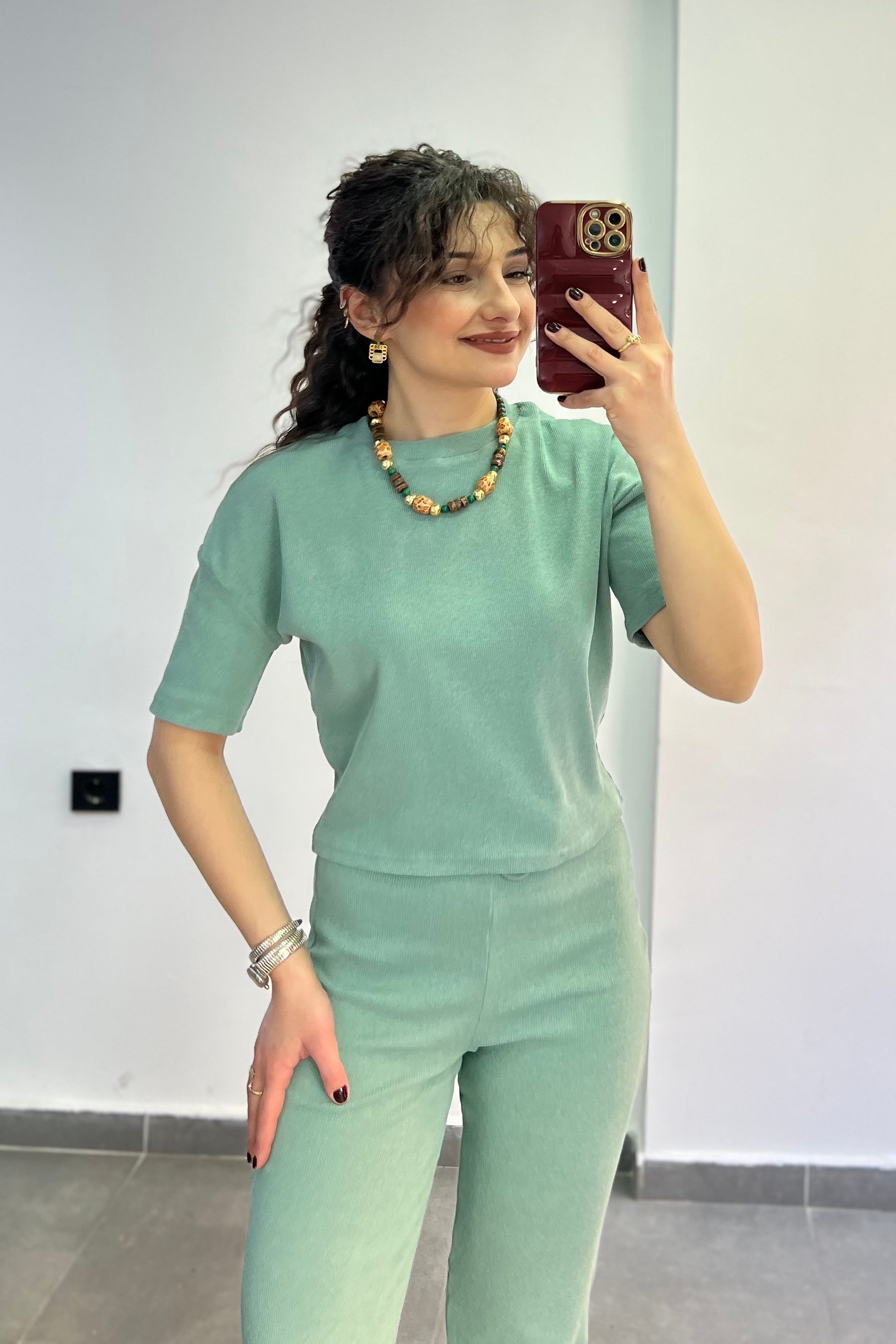 Bisiklet Yaka Beli Bağlamalı Fitilli Kumaş İkili Takım - YEŞİL