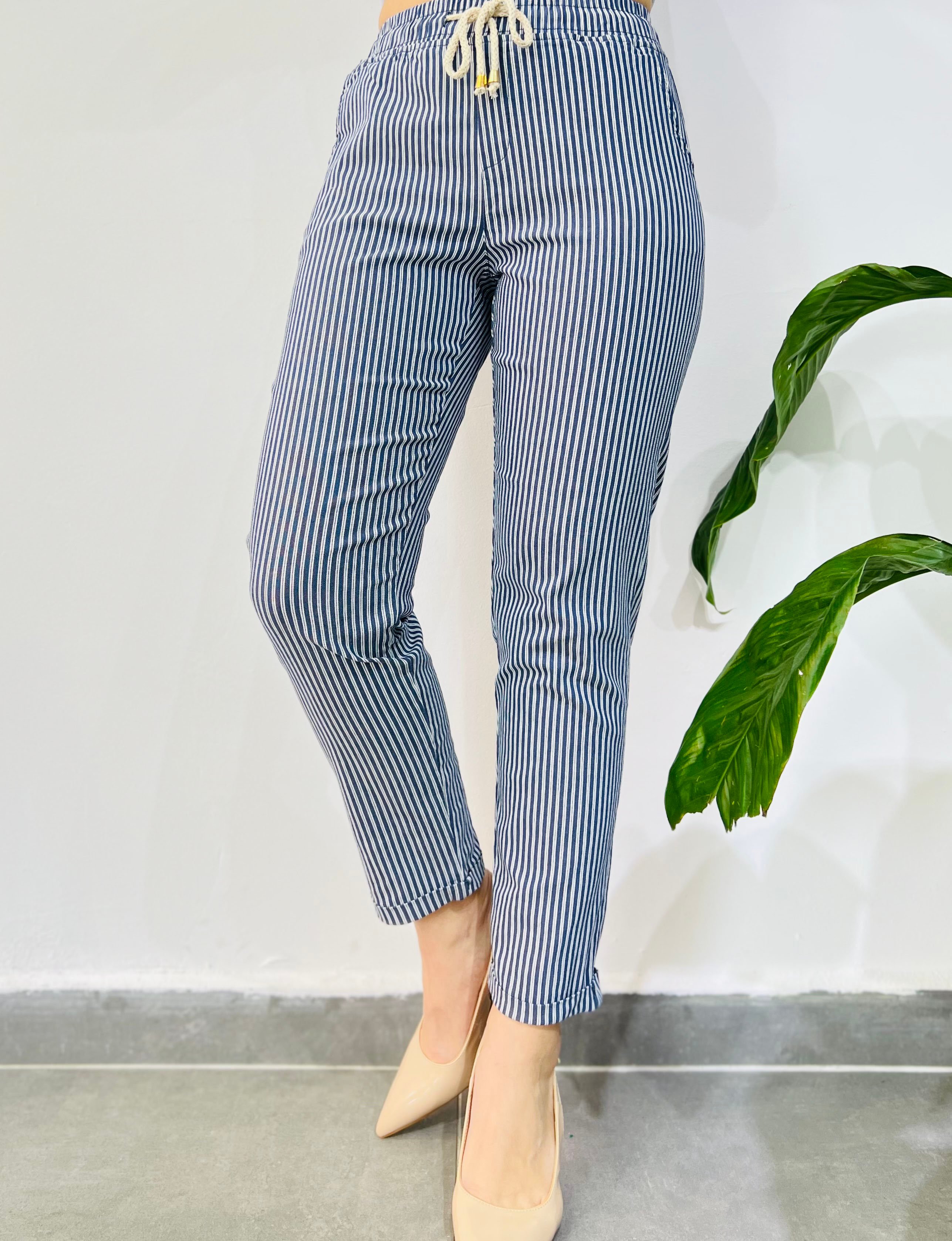 Beli Lastikli Çizgili Duble Paça Pantolon Lacivert