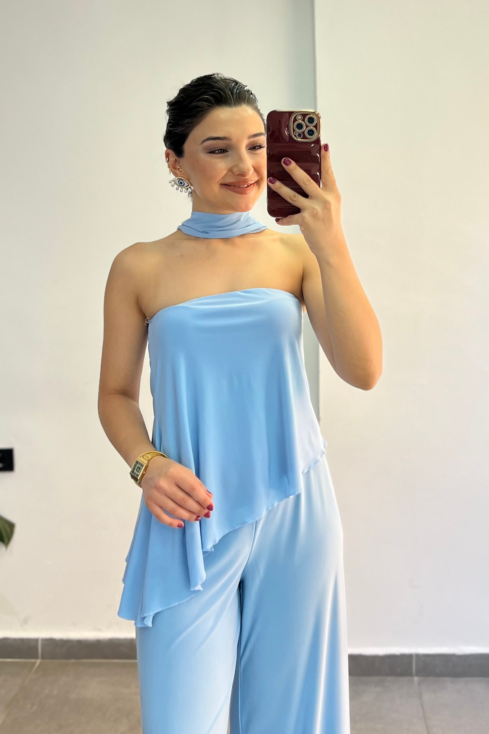 Üstü Straplez Verev Kesim Buzzy Kumaş Fular Detaylı İkili Takım - BEBE MAVİSİ