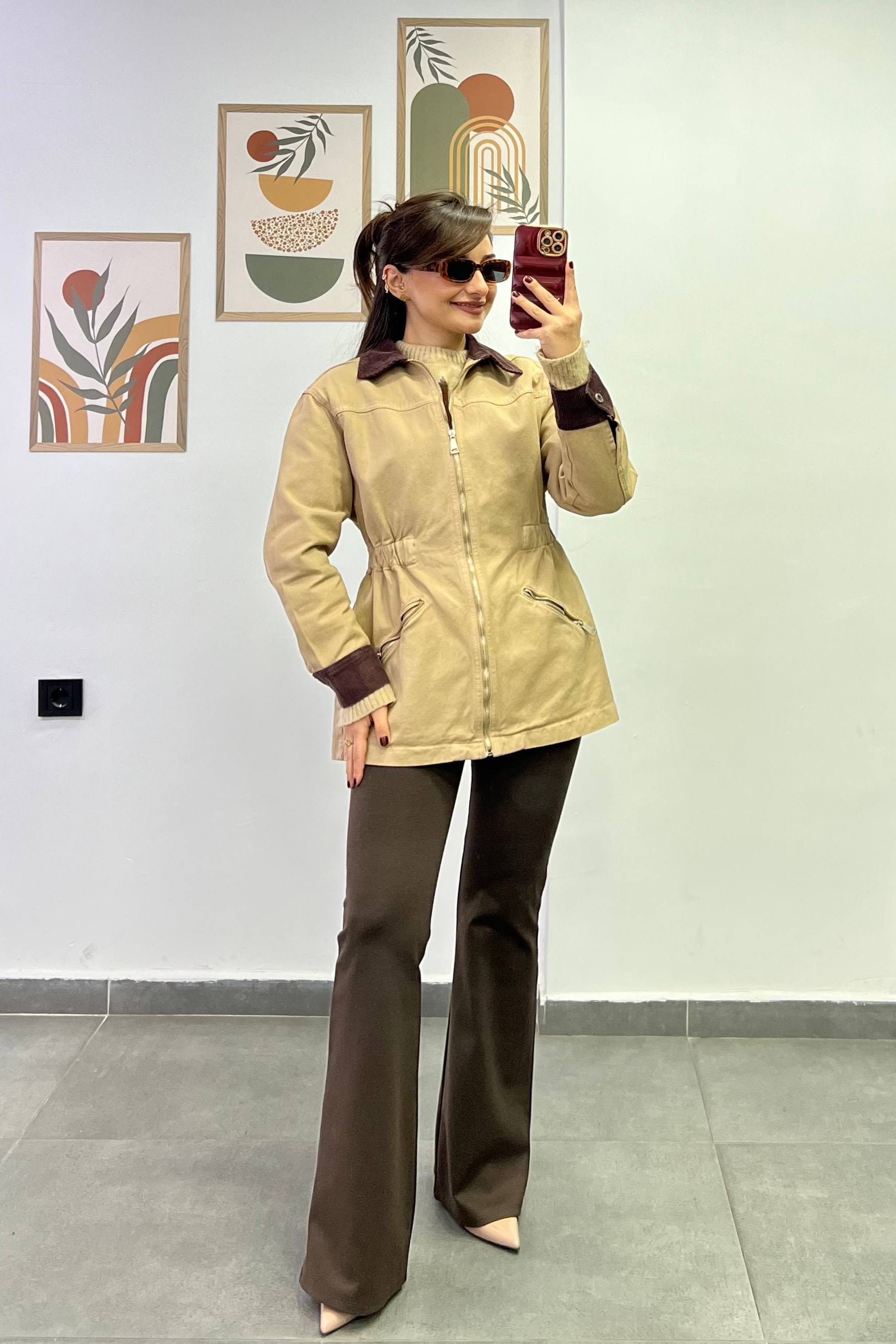 Yakası Ve Kolları Fitilli Kadife Beli Lastik Detaylı  - CAMEL