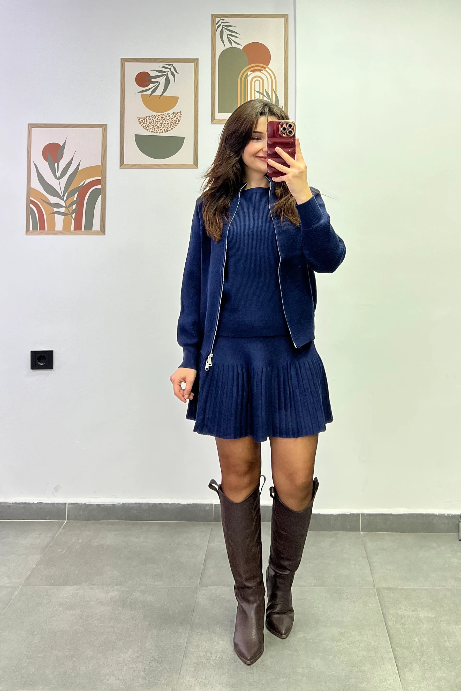 İçi Kısa Kollu Üzeri Fermuarlı Hırka Detaylı Etekli Triko Üçlü Takım - LACİVERT