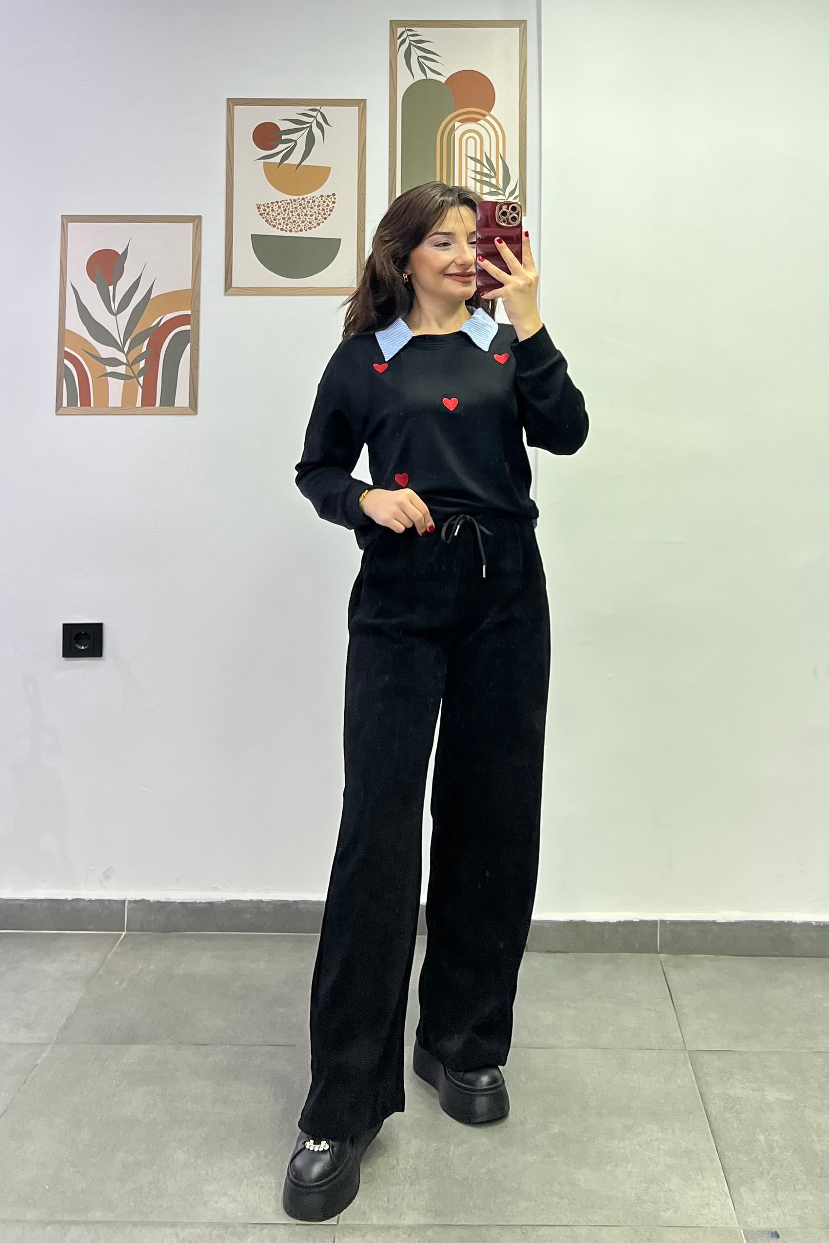 Beli Lastikli Cep Detaylı Bol Paça Fitilli Kadife Pantolon - Siyah