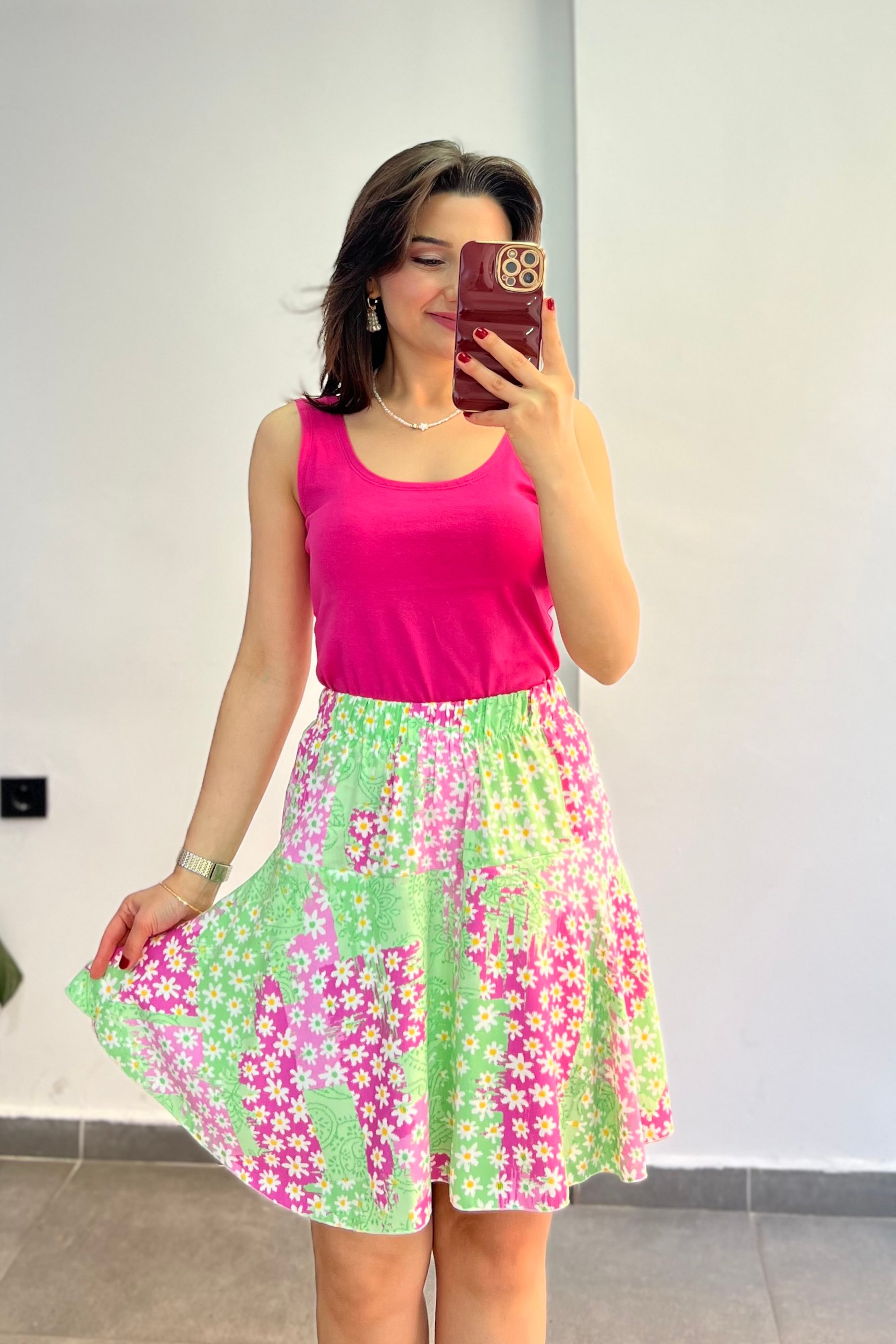 Desenli Viscon Kumaş İçi Şortlu Etek - PEMBE YEŞİL ÇİÇEKLİ